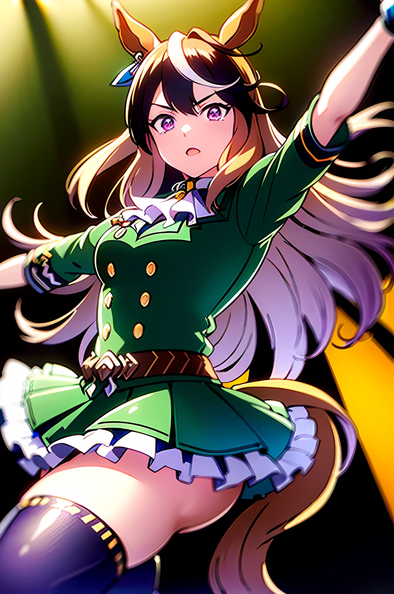 (top-quality:1.3), (​masterpiece:1.4),(Anatomically correct), (Full limbs),(complete fingers),(Precise fingertips), (Fine details),(8K),Photorealista,(Super Detail),(90s Anime,9 0 s anime,9 0 s anime style,anime cels,cel shaded anime),(Symbolic Rudolph (Umamusume):1.52), horse ear, animal ear, 独奏, Horse Girl, tailed, Horse's tail, thighs thighs thighs thighs, brown haired, gloves, length hair, O cabelo multicolorido, black thighhighs, white glove, epaulette, Single epaulette, striated hair, Cape, a purple eye, red cape, jewely, ascot, long-sleeve, white  hair, Black footwear, 耳Nipple Ring, White Ascot, Single earring, skirt by the, Ezirre, (Green jacket:1.5), frilld, jaket, hair between eye, (Green skirt:1.5), Ruffled skirt, a closed mouth, bangss, buttoning, gold trim, a belt, Green dress, doress, medal, (1人の女性:1.5), Beautiful face, Intense lighting),raw, Dramatic light, Movie Quality, s，Dress up in gorgeous stage costumes，Standing on a stage，(Sing and dance with a microphone:1.5)，Spotlights illuminate the body，Energetic