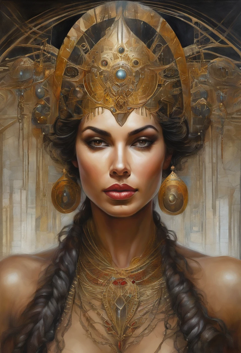 Futuristic indigenous futurism,Actress Priyanka Chopra as an advanced cybernetic cyborg Hindu goddesses of war, Sensualidade,Artistic details,mitologia hindu cyberpunk,epic sci-fi fantasy, Centrado,in the style of Nick Alm fantastic futuristic fantasy compositions, prisma escuro, Escuro, Metal compositions, symmetrical arrangements, iridescent metallic colors , narizes distintos, Ethereal,respingo de sangue colorido, Attractive metallic compositions, Symmetric geometry, narizes distintos, Gothic references, with bold lines and strokes of black,Branco,vermelho, ouro e prata, fantasy science fiction art, uma pintura detalhada, ,Alex Alemany mescla Karol Bak
