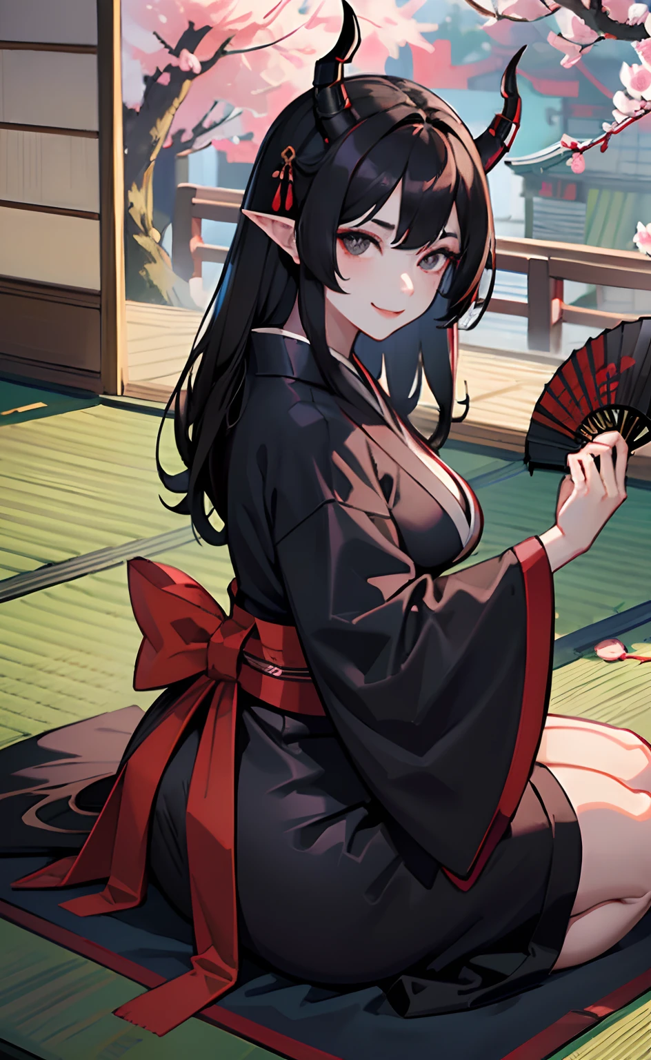 Long、Dark hair、Black eyes、Healthy skin、White demon horns from the forehead、Black kimono、large full breasts、big butts、a cool、folding fan、Japanese-style house、sitting on tatami、Bewitching smile、cherry trees