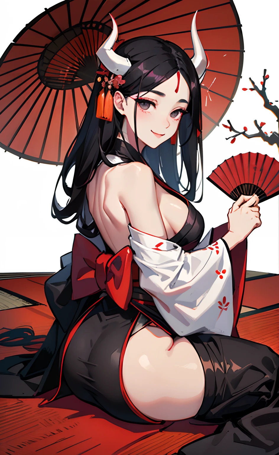 long、Dark hair、Black eyes、Healthy skin、White demon horns from the forehead、Black kimono、large full breasts、big butts、a cool、folding fan、Japanese-style house、sitting on tatami、Bewitching smile、cherry trees