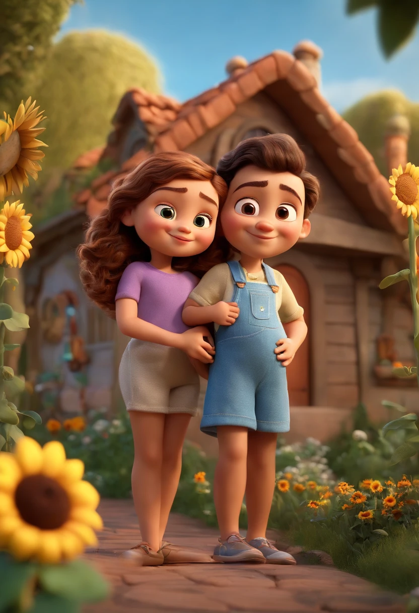 Create a Disney PIXAR-style 3D poster. ((centro da imagem, Triplets)), ((3 children)) ((1 menino no meio e 2 meninas ao lado, They're hugging each other, O menino tem pele castanha e cabelos castanhos escuros e olhos castanhos escuros, 1 menina tem pele clara, olhos e cabelos escuros e cacheados, e a outra menina tem pele morena, olhos escuros e cabelos escuros e lisos)) ((tudo isso no estilo Disney PIXAR 3D, In the background, A house of sunflowers, Gloria Studio, The garden is full of nature 3D render RTX clay material, estilo de design cartunesco, POP Mart, soft lighting, linhas suaves, Spring tilt, Detailed illustrations of PIXAR 3D, Detalhes hiper-realistas, cor quente no estilo Disney PIXAR 3D))