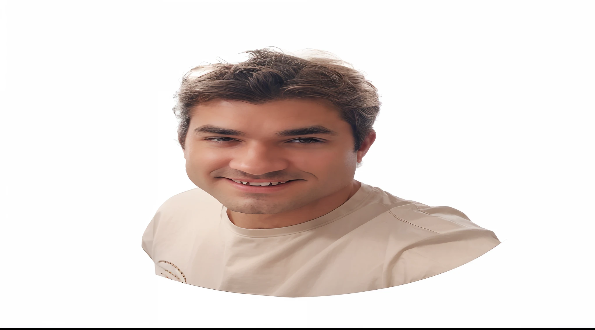 Homem de 35 anos pardo, cabelos curtos com penteado moderno, sem barba, Beige shirt in a large photo studio, with studio equipment, luzes, mesa de computador com imac, Apple, Scattered cameras and lenses