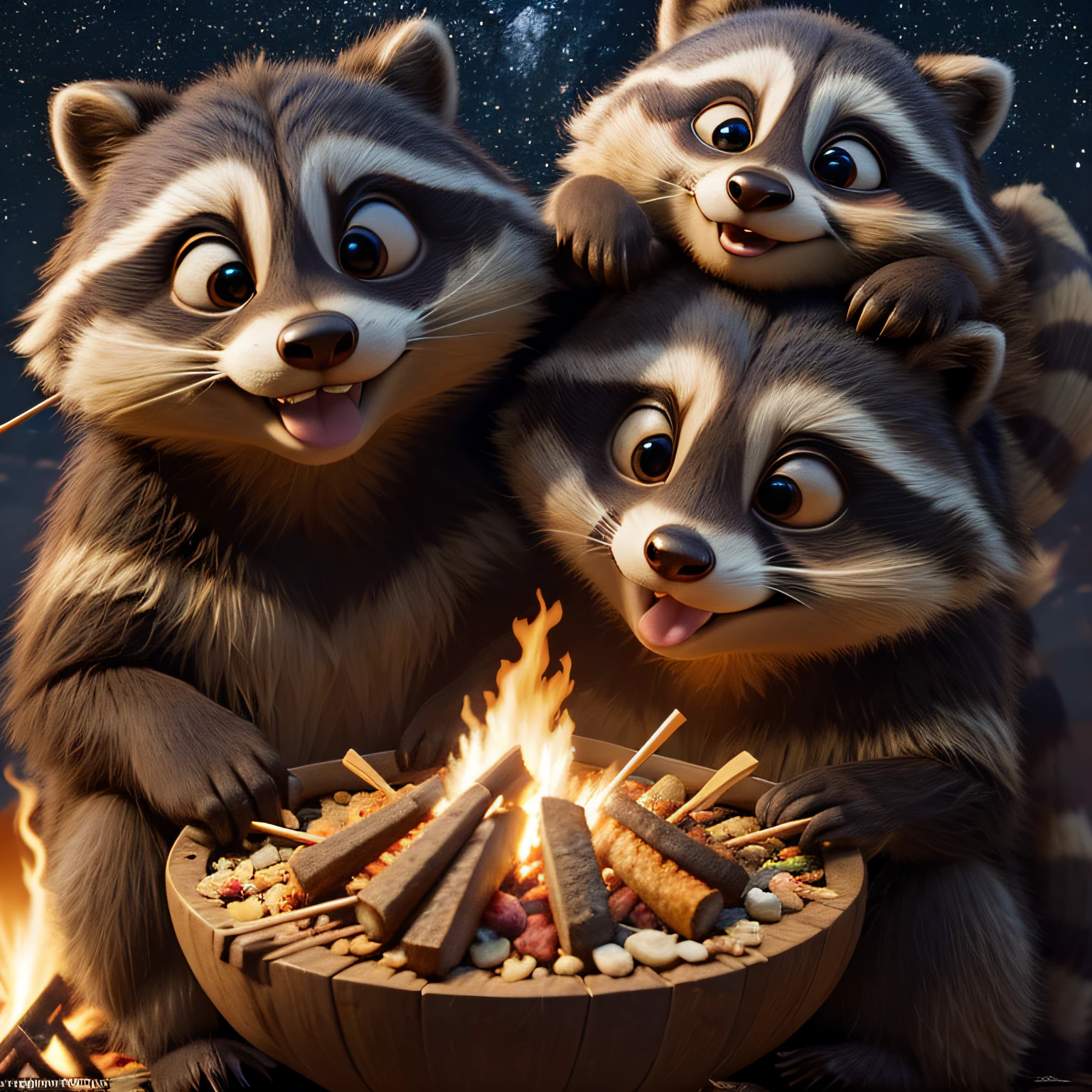 Pixar style, anthropomorphism, two raccoon dogs around a bonfire, happy expressions, raccoon dogs eating skewered food and drinking beer, starry sky, huddled together, (masterpiece), (highest quality), (super high detail)