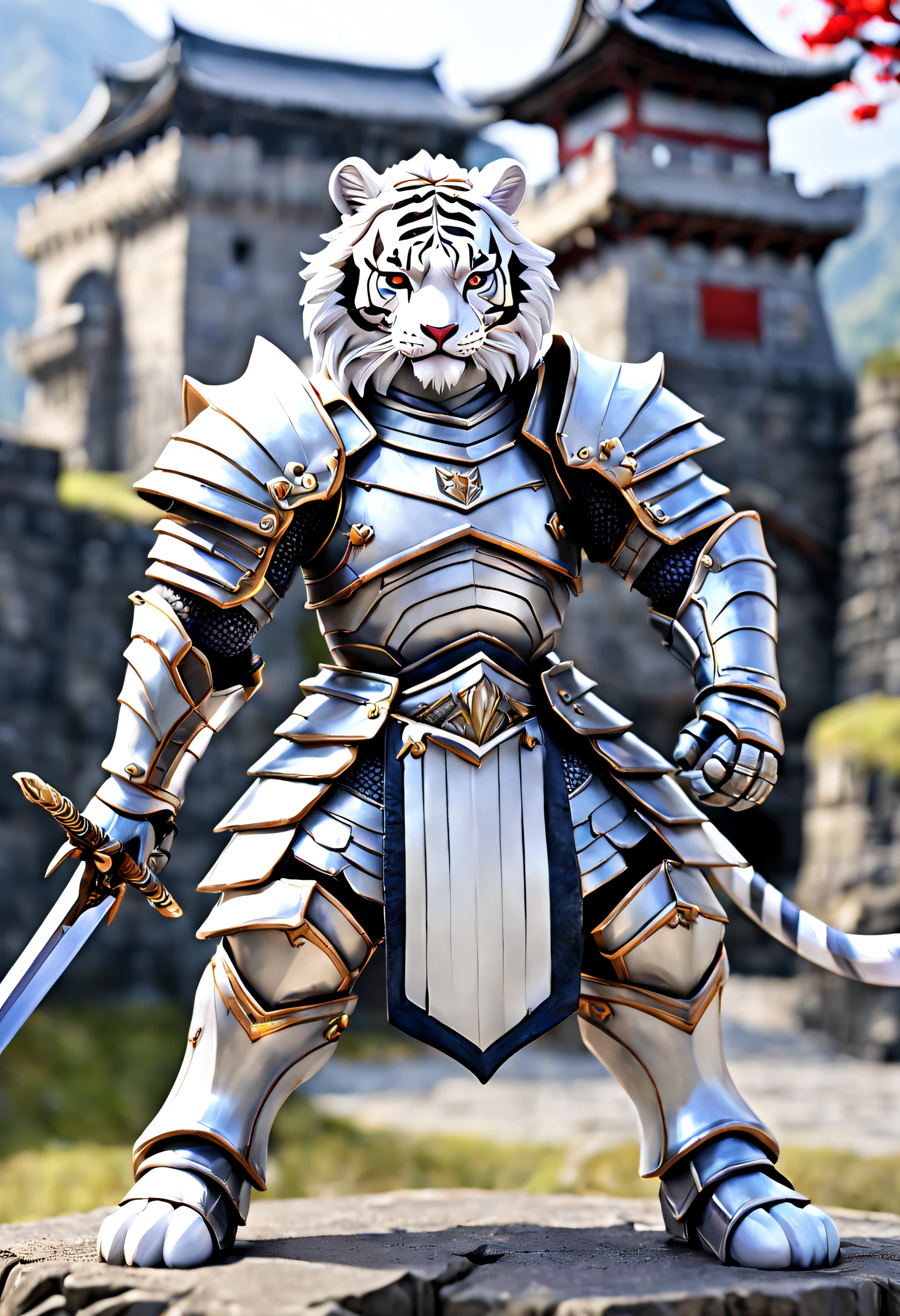 full body Esbian、Cool White Tiger、Villain White Tiger、Menacing White Tiger、figurine、Knight Armor、odd eye、Holding a Japan sword、diorama、symple background、Fortress background、masterpiece, Best Quality, Capture super cute moments, depth of fields, ultra-detailliert, Ultra High Resolution, Octadale, 8K, 16 K