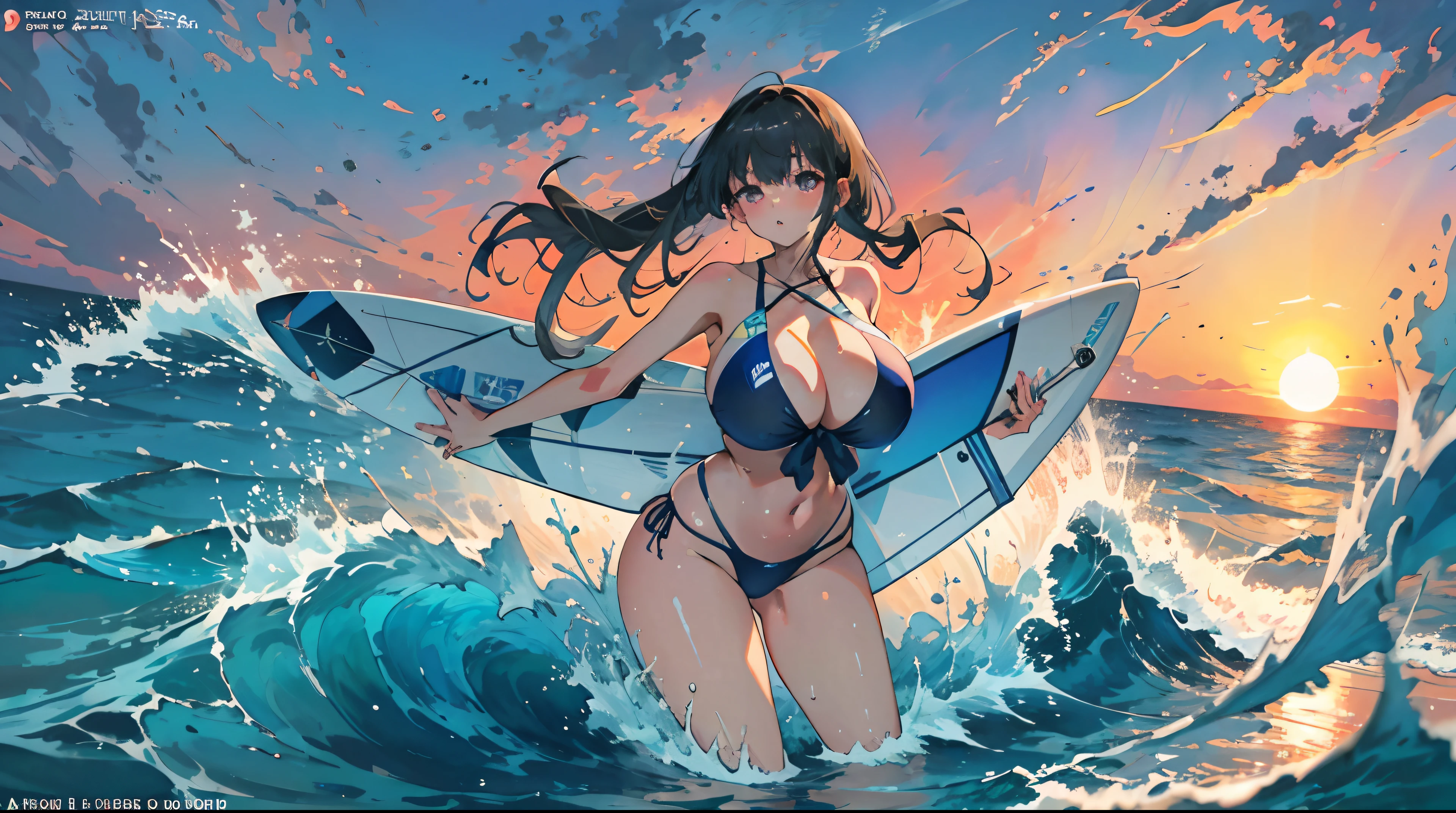 Anime women,In the setting sun,Swimsuit by the sea,surfing,gigantic cleavage breasts,vibrant with colors,