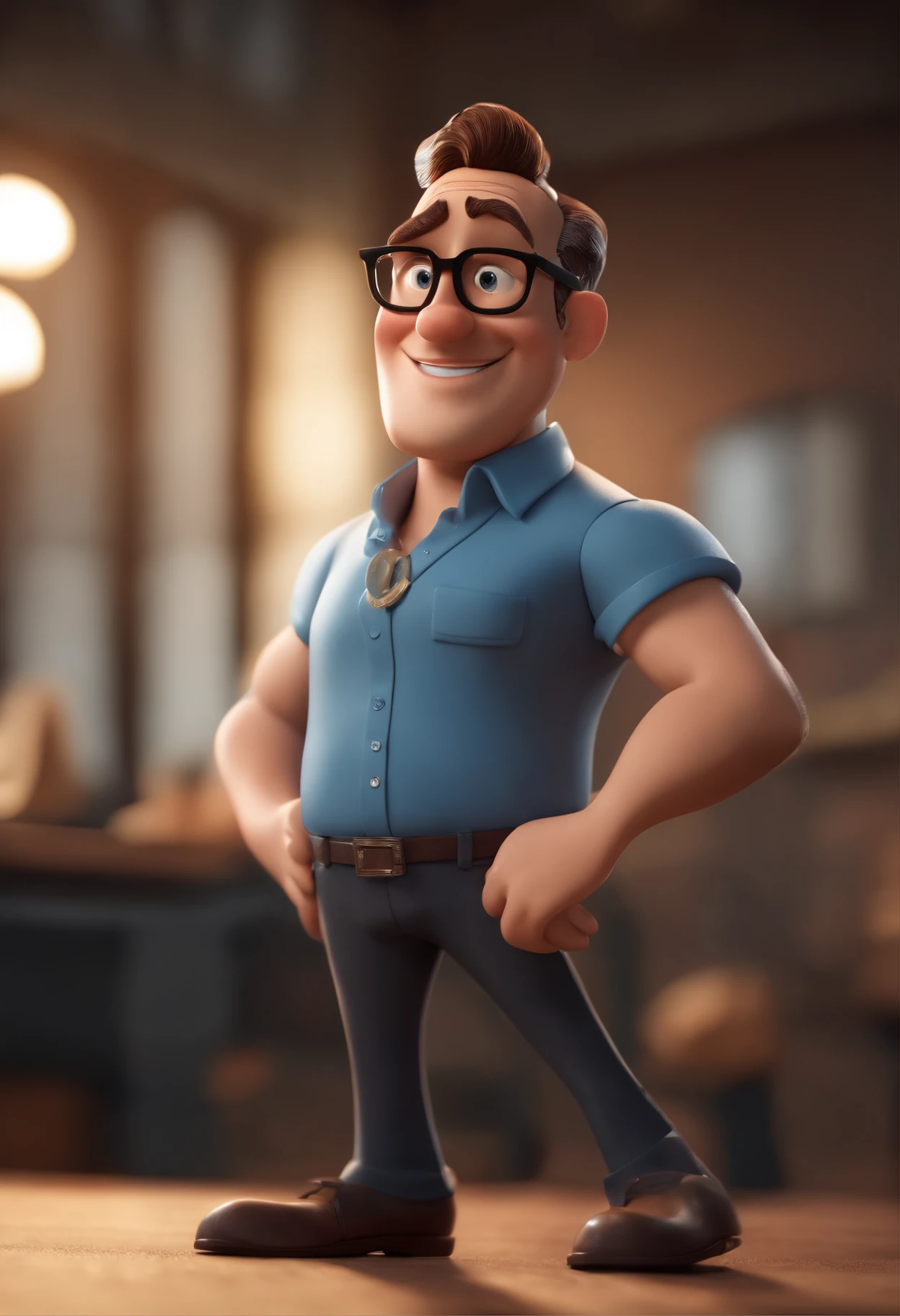 Cartoon character of a man wearing black glasses and a blue shirt, um personagem animado, Caractere estilizado, animation style rendering, 3D estilizado, Arnold Maya render, 3 d render stylized, toon render keyshot, Personagem 3D, Personagem 3D, 3d rendering stylized, 3 d character render, personagem de desenho animado, Personagem de close up, Pose de personagem, (Estilo Pixar) (master part:1.2) (Bokeh) (best quality) (pele detalhada) (textura detalhada) (8k) (argila) (Cinematic lighting) (foco nítido,Senta e vaza a parte superior do corpo