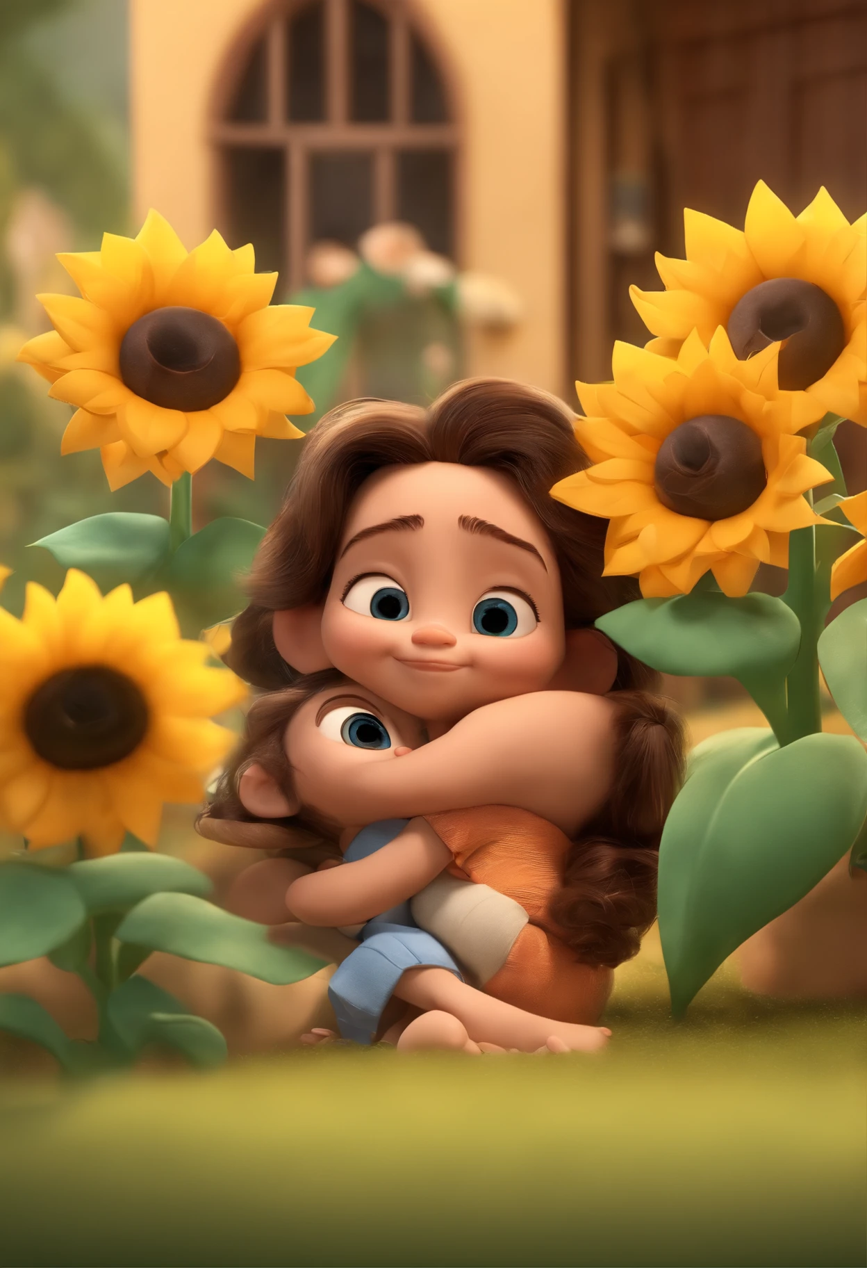 Create a Disney PIXAR-style 3D poster. ((centro da imagem, Triplets)), ((3 children)) ((1 menino no meio e 2 meninas ao lado, They're hugging each other, O menino tem pele castanha e cabelos castanhos escuros e olhos castanhos escuros, 1 menina tem pele clara, olhos e cabelos escuros e cacheados, e a outra menina tem pele morena, olhos escuros e cabelos escuros e lisos)) ((tudo isso no estilo Disney PIXAR 3D, In the background, A house of sunflowers, Gloria Studio, The garden is full of nature 3D render RTX clay material, estilo de design cartunesco, POP Mart, soft lighting, linhas suaves, Spring tilt, Detailed illustrations of PIXAR 3D, Detalhes hiper-realistas, cor quente no estilo Disney PIXAR 3D))