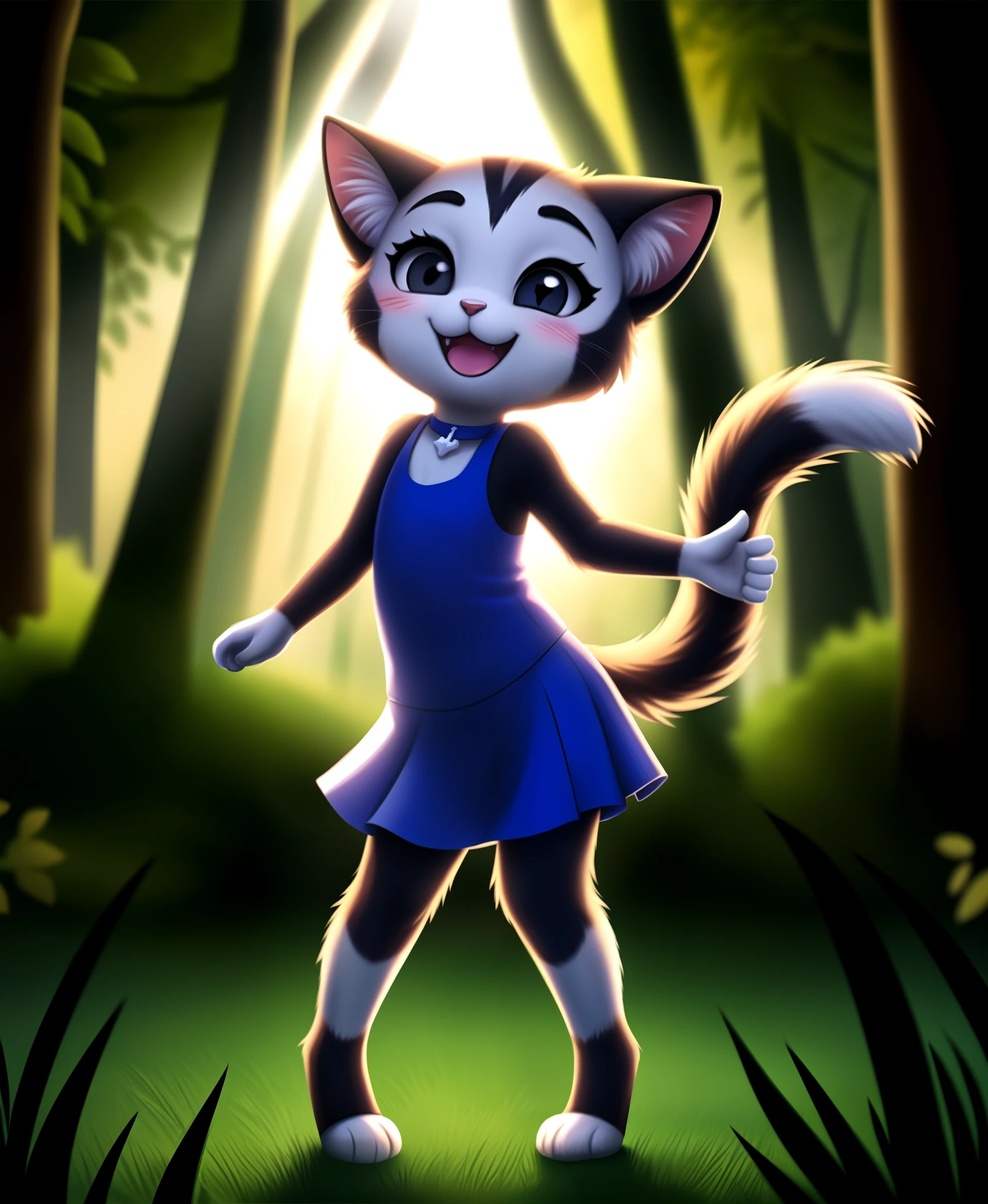 by sicmop, ( furry body) , (realistic fur) , standing, fluffy tail, blush, (:3), species that looks like a cross between girl and a cat, a happy ,dancing, cinematic lighting ,4k, in the forest, cute