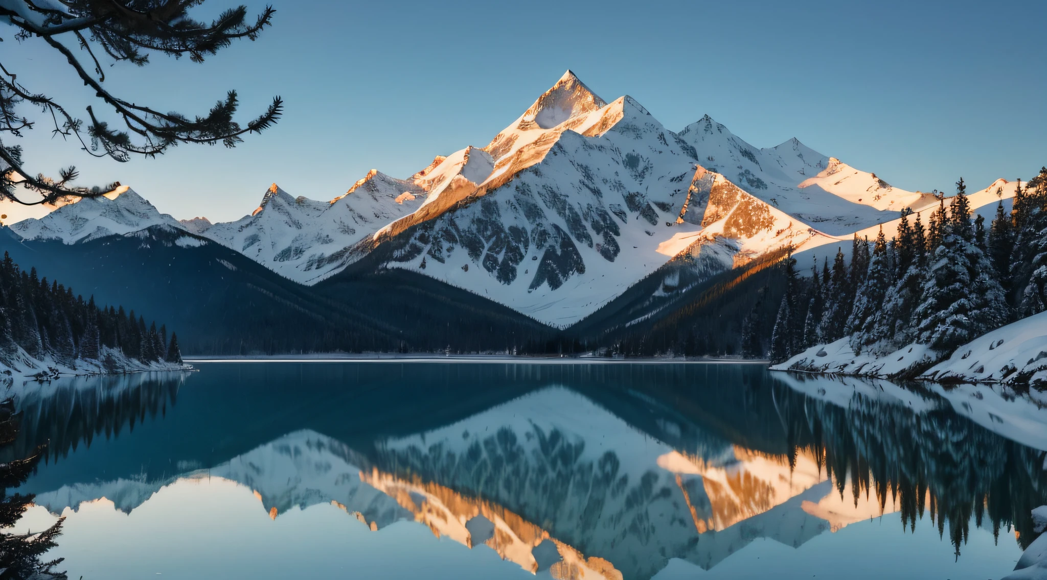 A tranquil mountain lake at sunrise, crystal-clear waters mirroring snow-capped peaks, a deep sense of serenity and oneness with nature, Sculpture, bronze casting, --ar 16:9 --v 5
