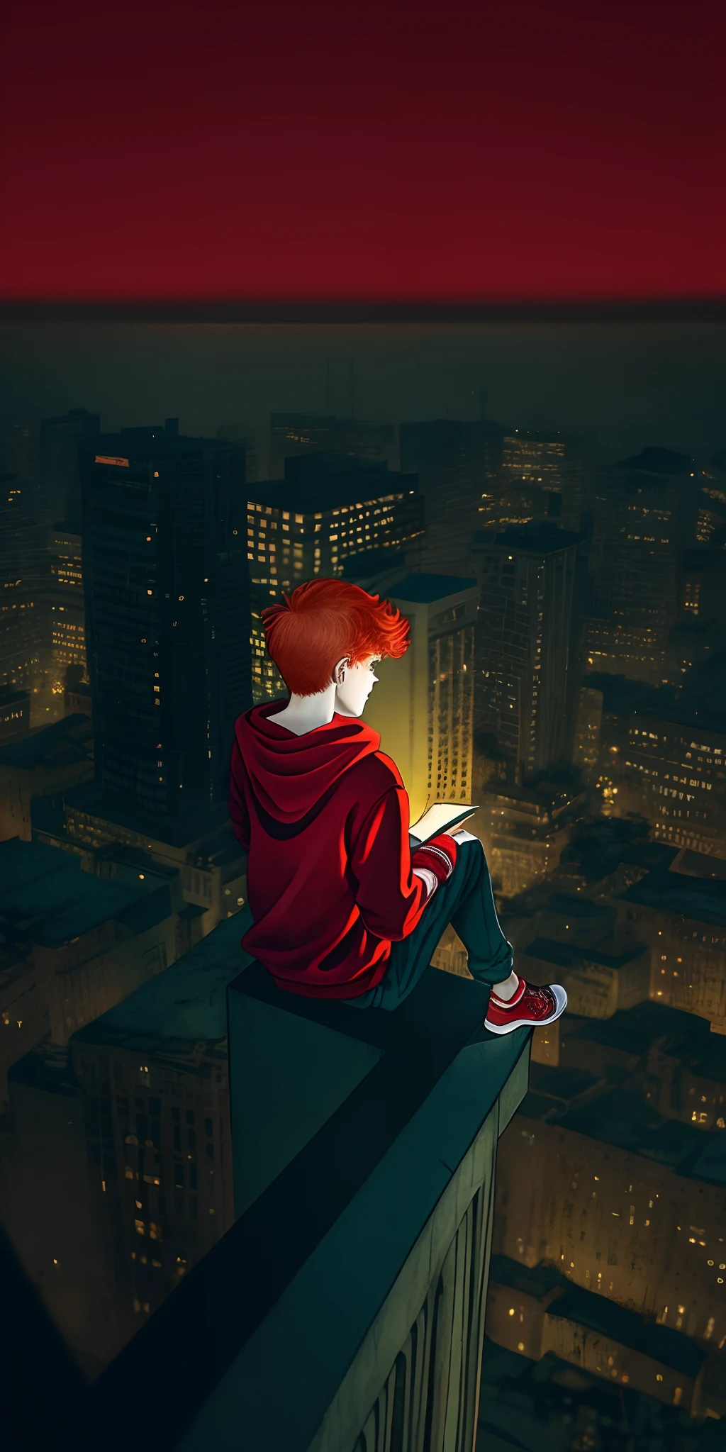 night city, aged, in red clothes, With a book in his hands, redhead hair,