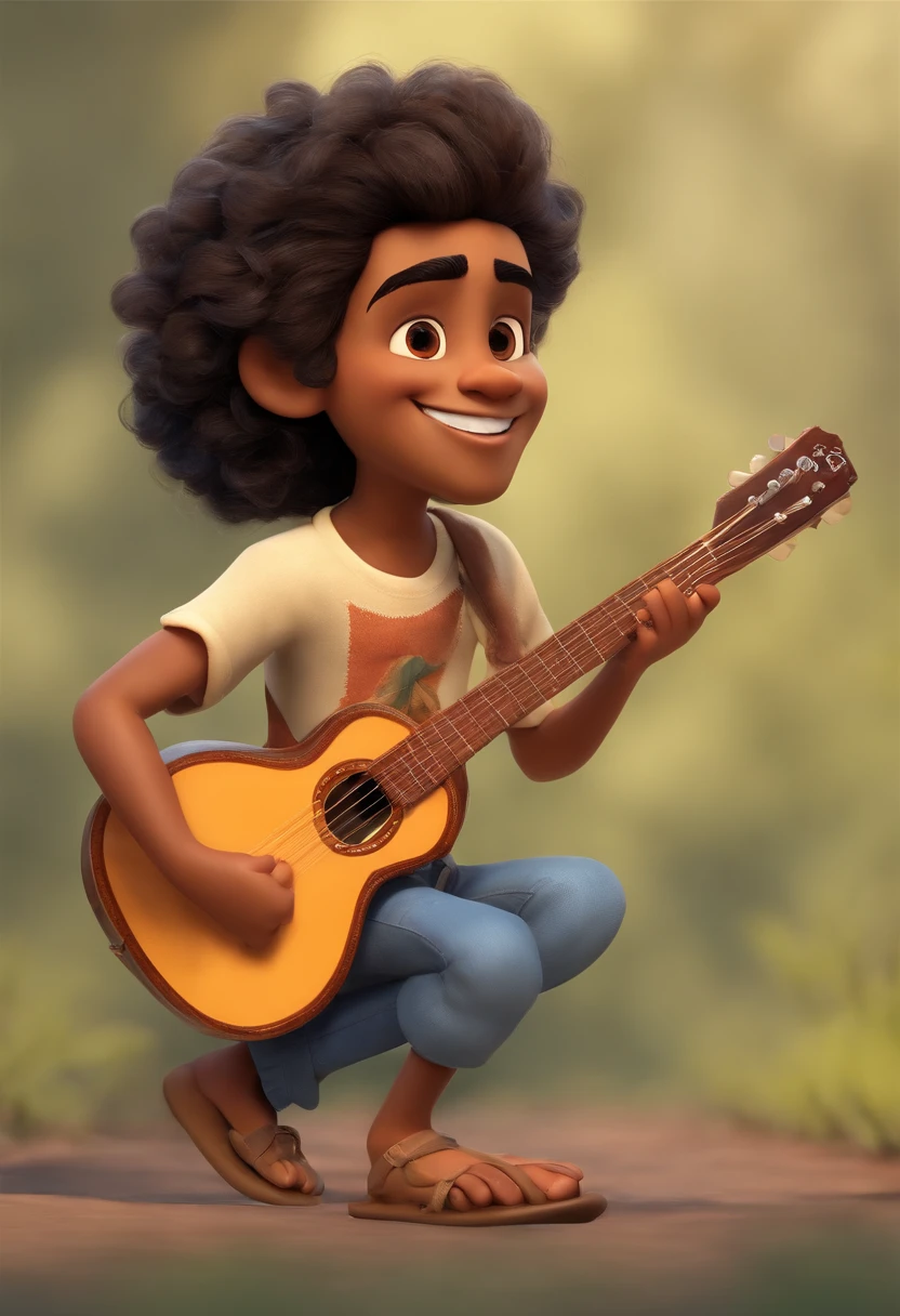 crie um banner no estilo Pixar. A boy with Indian features, moreno pardo com cabelos curtos, Castanhos escuros, Curly and slightly grayish appearance, mas jovem, usando uma camiseta, Wearing jeans and holding a classical guitar with 7 strings.