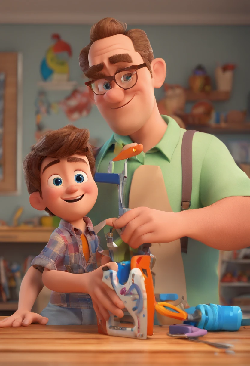 Estilo Pixar: The grown man is holding a naked blue-eyed boy and in his other hand he is holding a pair of scissors and is trying to cut off the boy's testicles,3D Poster,Disney