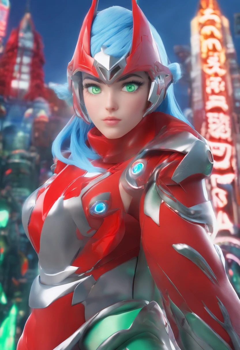 Full body image, standing, Princess Zelda giant, (red with silver costume:1.5), as Ultraman, immensely large breasts1, very tight body suit, heavy makeup on her face, light blue jewel on the breastplate, helmet on head, red lipstick on her mouth, (she green eyes:1.5, blue hair:1.5), Looking at the viewer from the front, she is in a futuristic city with several monsters attacking the buildings, Tokusatsu, Ultraman, anime style, cinematic lighting, 16k, UHD, masterpiece, best quality, high details