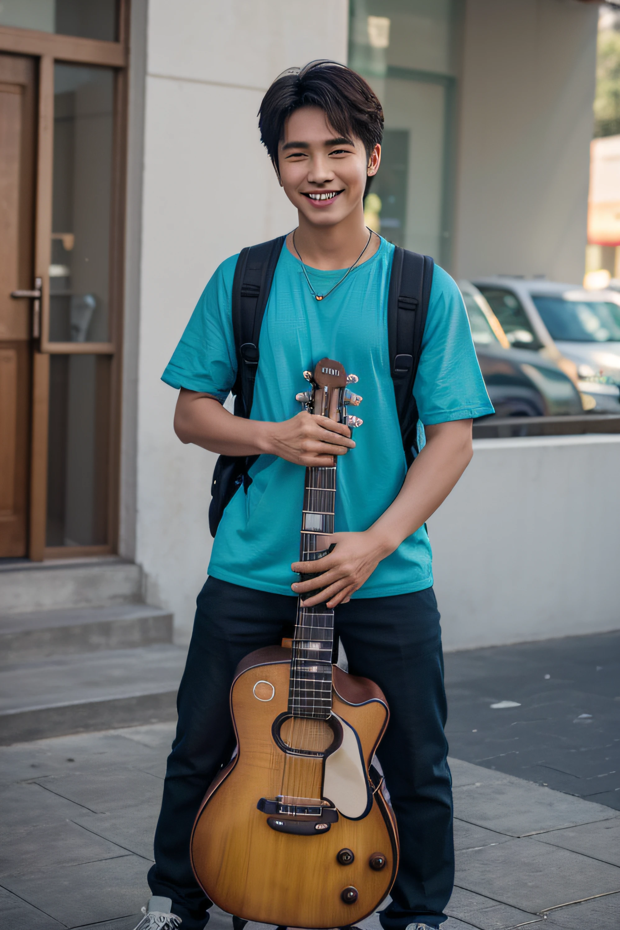 arafed man with a backpack and a backpack standing in front of a building, cai xukun, with a backpack, rick dai, yanjun chengt, inspired by Zhang Han, kim doyoung, beautiful and smiling, inspired by Adam Dario Keel, slight cute smile, he is smiling, with a beautifull smile, carrying a guitar, smiling sweetly, Thai youth, back post, Thai man, Thai musician carries a guitar bag, smiling brightly, fresh, 4k, realistic photo8K realistic, guitar bag, full body, show guitar bag, guitar bag showcase, full body, ray tracing, ray, real, lens 85mm f1.8, guitar bag, guitarbag