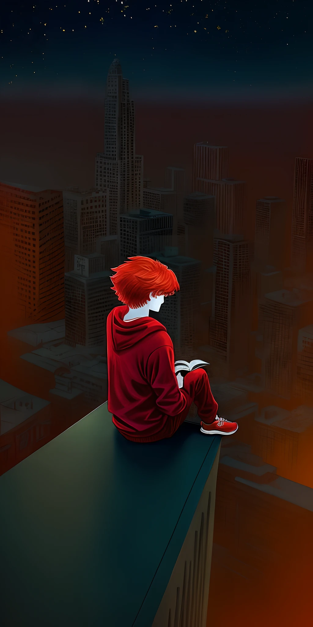 night city, aged, in red clothes, With a book in his hands, redhead hair,