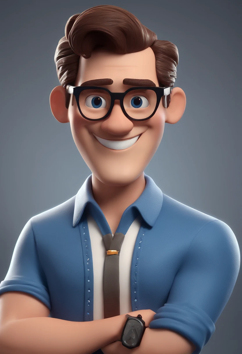 Cartoon character of a man with black glasses and a blue shirt, animation character, Caractere estilizado, animation style rendering, 3D estilizado, Arnold Maya render, 3 d render stylized, toon render keyshot, Personagem 3D, Personagem 3D, 3d rendering stylized, 3 d character render, personagem de desenho animado, Personagem de close up, Pose de personagem,  (Estilo Pixar) (master part:1.2) (Bokeh) (best quality) (pele detalhada) (textura detalhada) (8k) (argila) (Cinematic lighting) (foco nítido