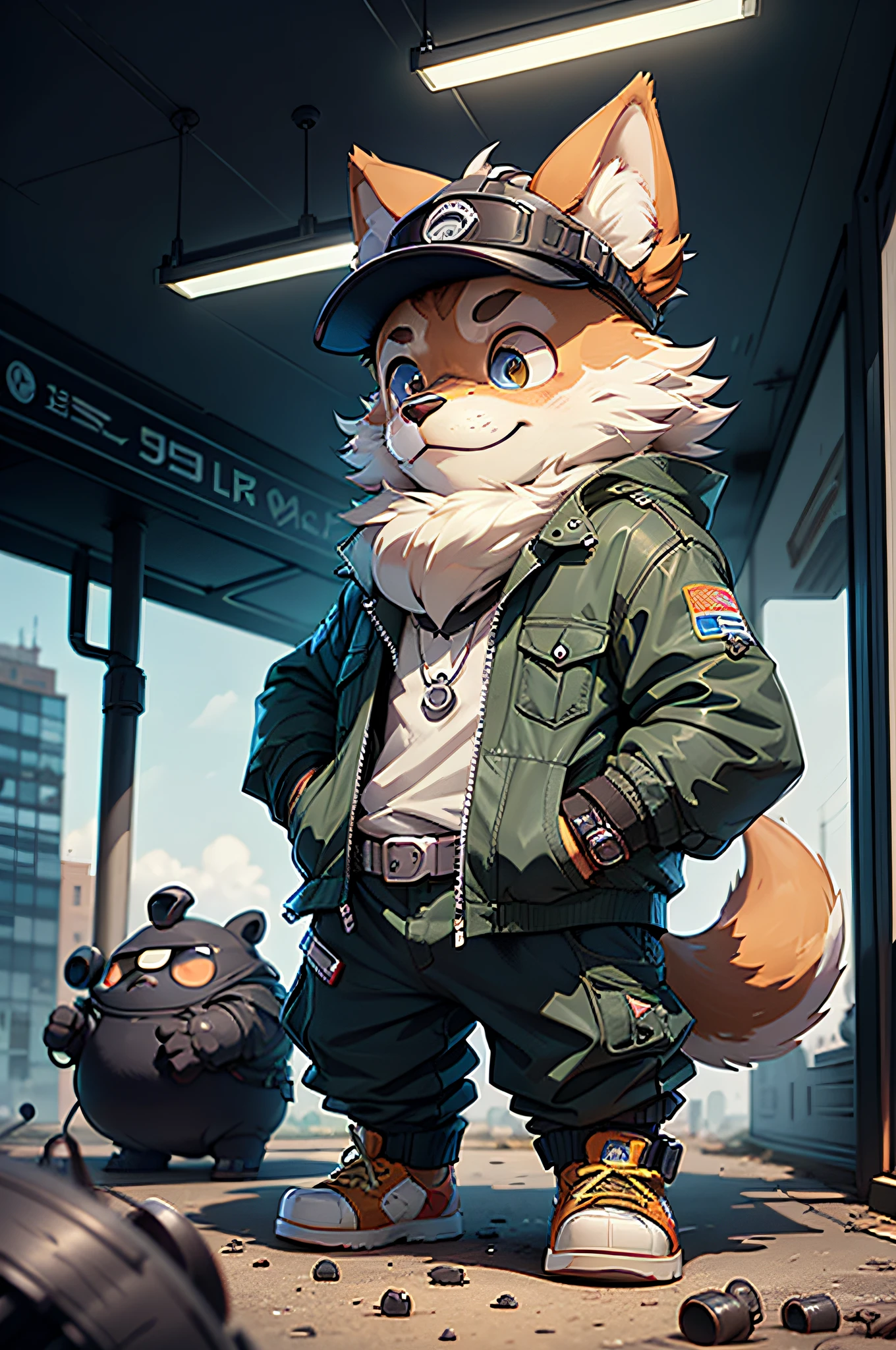 （Soot maintenance man servicing car）comic strip、anthropomorphic  dog、cyberpunked