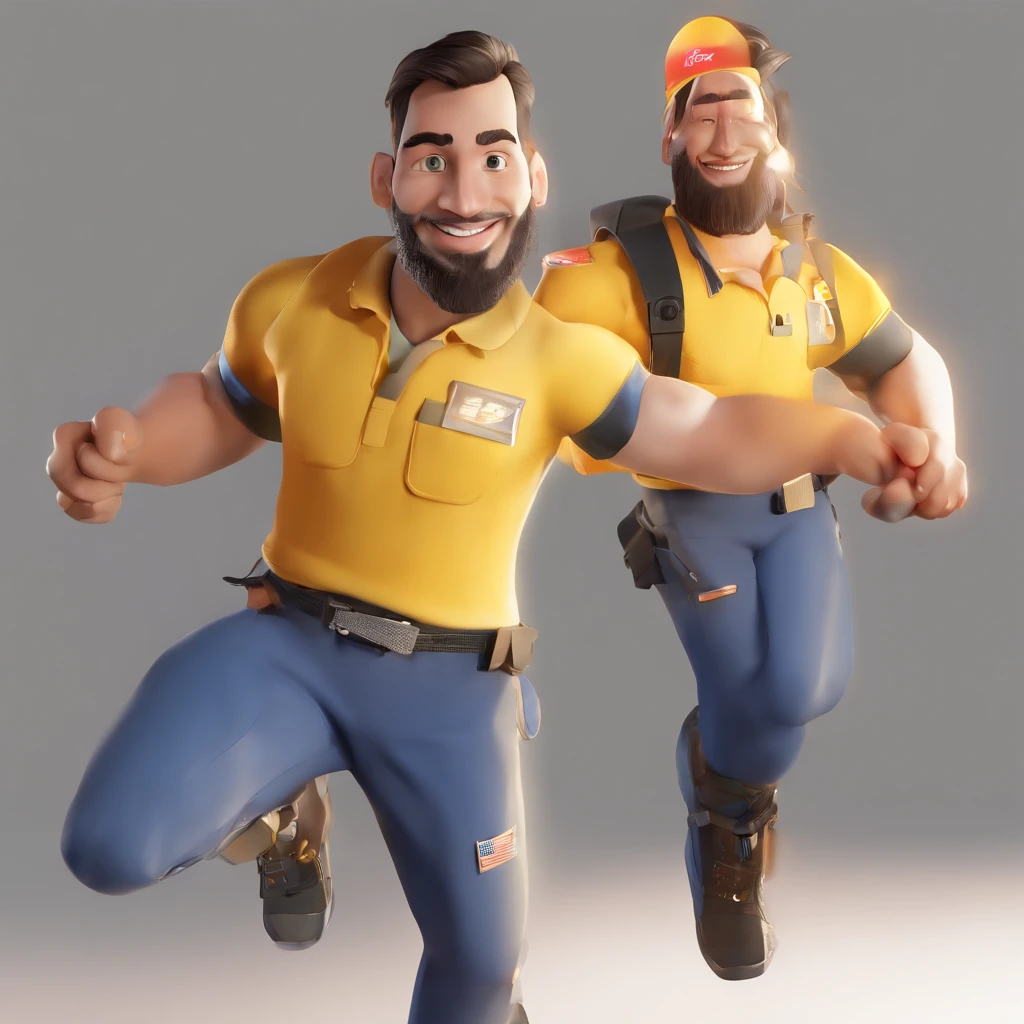 (best quality,4k,8k,Altas,master part:1.2),ultra-detalhado,(Realistic,fotorrealista,photo-realistic:1.37),Junior,Father, tall, male, dark-skinned, black-haired, works at juniart with the manufacture of luminous lights with a dark blue uniform, is always late, but always happy