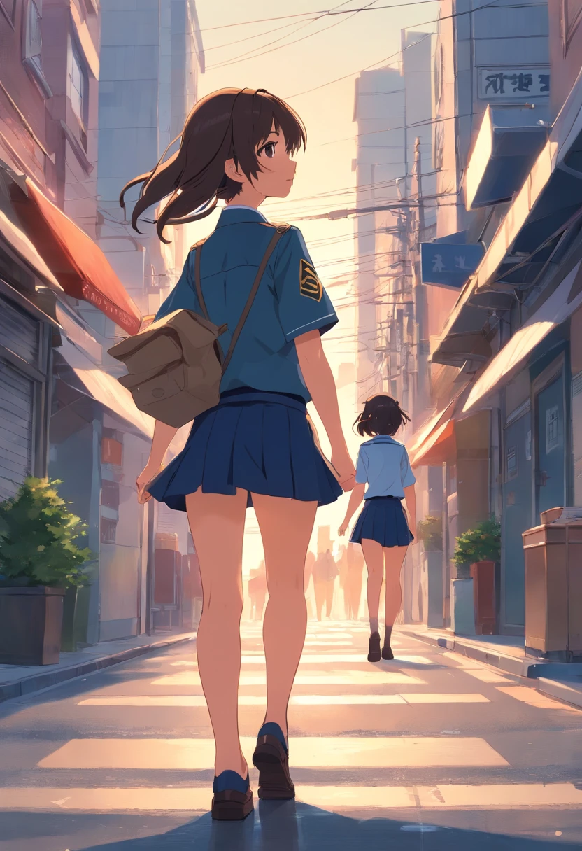 girl with,Walking down the street in uniform with Rick on his back, The skirt is turned up and the underwear is slightly visible
