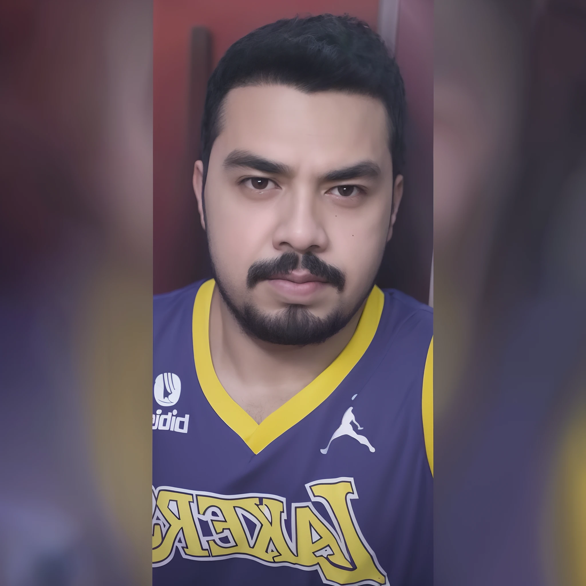 Um close up de um homem com barba vestindo uma camisa do Lakers, imagem de qualidade muito baixa, Ronaldo Luis Nazario de Lima, Fotografia selfie 8k, Carmelo Blandino, Ronaldo Luis Nazario da Lima, andres rios, ungina real, Ronaldo Nazario Fenomeno, imagem frontal, 2 7 anos, Jose Miguel Romano Francisca, Alex