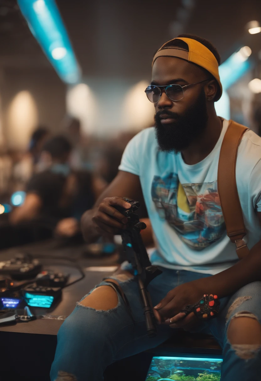 Create an image where a bearded black kid who is a gamer is also dressed as a gamer with the gaming world behind him and he is holding a gun. E e parecido comigo