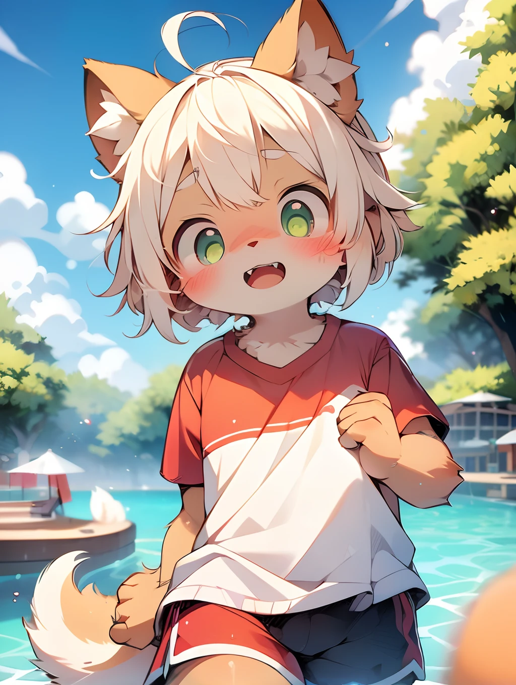 (By Dagasi: 1.1),barechested, masutepiece, High resolution, 8K, Embarrassing,Detailed background, High quality,  ((White fur, White hair, Ears lowered, Green eye, Fluffy, detailed fur)) furr, Break HA, Man's daughter,kawaii, Humanoid, Shorts, swimming trunks,kawaii,Red collar,Background with:the woods