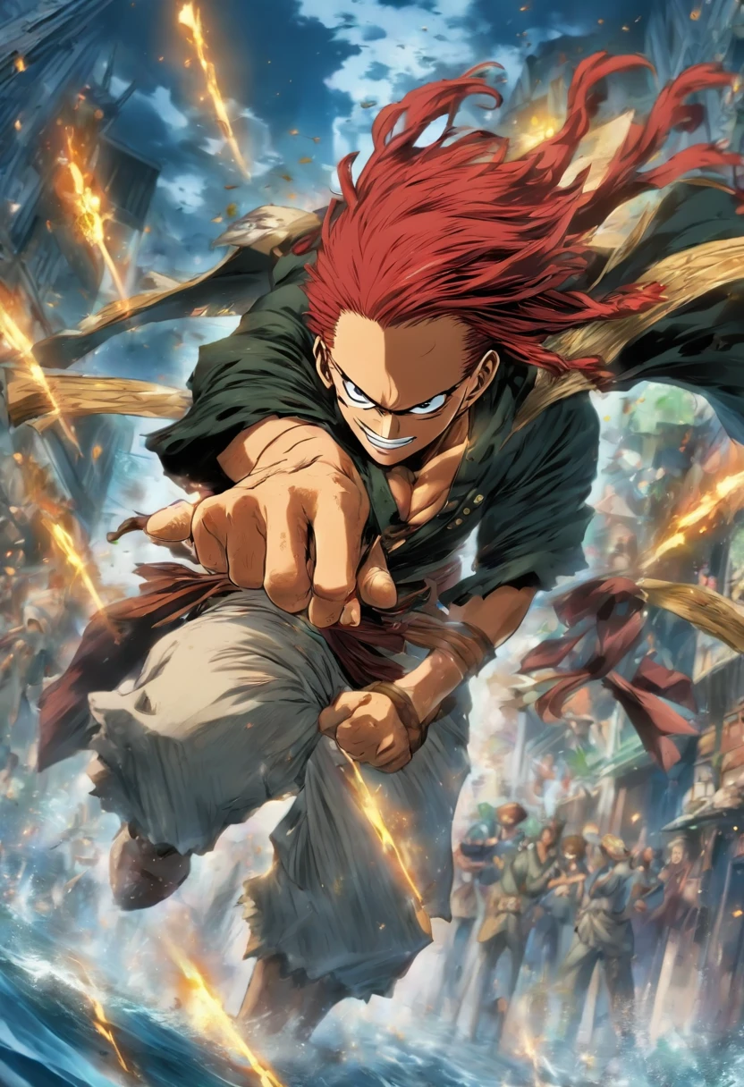 Shanks costuma usar uma longa capa azul sobre os ombros e,He wore slightly loose brown pants with cuts below the knee and tucked up to the middle of his leg, with golden buttons along its exterior,usou uma camisa branca meio abotoada, o que deixa uma parte de seu peito exposto, plus a big red sash that is tied around his waist, e segura seu sabre no lado direito,Shanks' most striking feature is his red hair, The shape of their eyes are much sharper and narrower than they used to be. Seu nariz ficou mais definido, semelhante com o da Nico Robin, both being more defined compared to most of the other characters in the series. Her red hair has also gotten a little longer, com a franja mais jogada para os lados. It also became more wavy and slicked back,