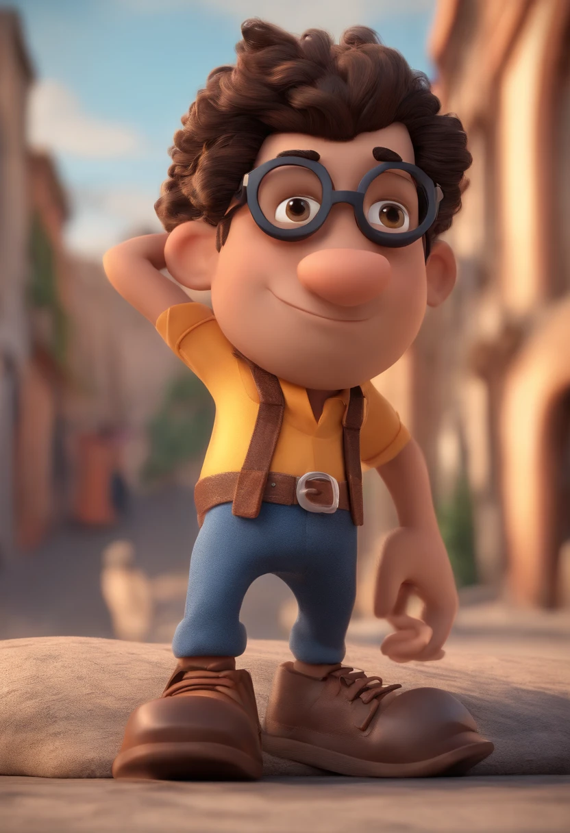 Cartoon character of a man with black glasses, cabelo cacheado marrom escuro e uma camisa azul, animation character, Caractere estilizado, animation style rendering, 3D estilizado, Arnold Maya render, 3 d render stylized, toon render keyshot, Personagem 3D, Personagem 3D, 3d rendering stylized, 3 d character render, personagem de desenho animado, Personagem de close up, Pose de personagem,  (Estilo Pixar) (master part:1.2) (Bokeh) (best quality) (pele detalhada) (textura detalhada) (8k) (argila) (Cinematic lighting) (foco nítido
