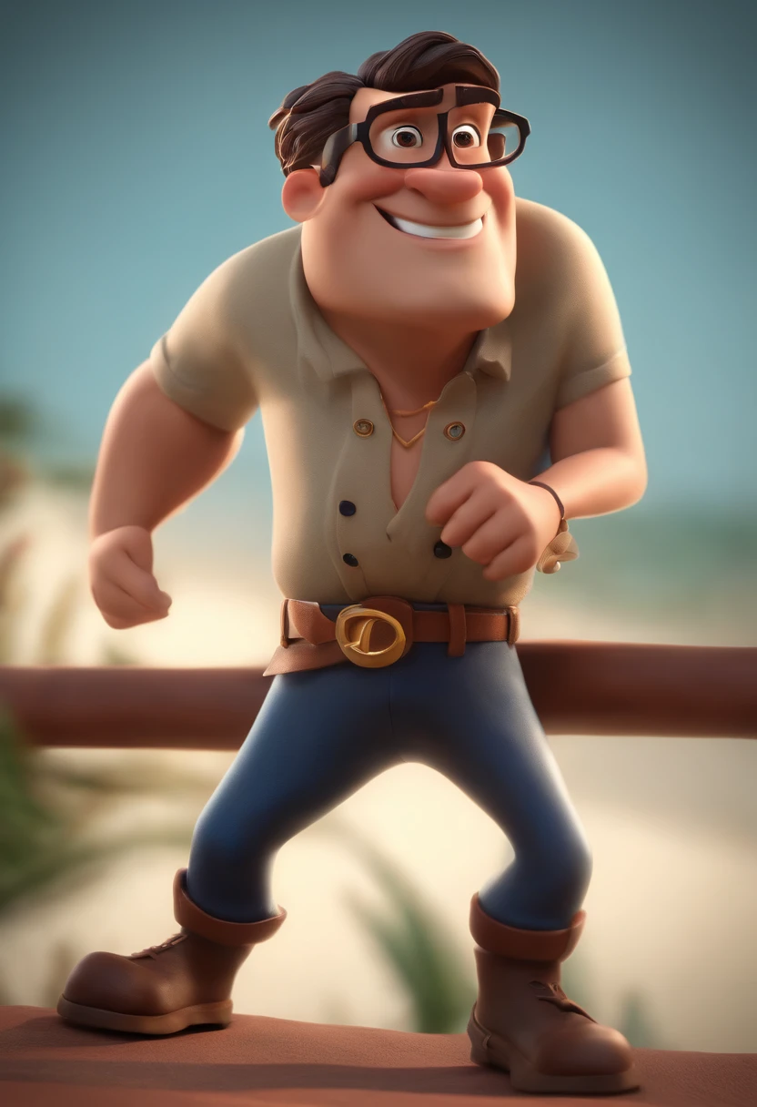 Cartoon character of a man with black glasses, cabelo cacheado marrom escuro e uma camisa azul, animation character, Caractere estilizado, animation style rendering, 3D estilizado, Arnold Maya render, 3 d render stylized, toon render keyshot, Personagem 3D, Personagem 3D, 3d rendering stylized, 3 d character render, personagem de desenho animado, Personagem de close up, Pose de personagem,  (Estilo Pixar) (master part:1.2) (Bokeh) (best quality) (pele detalhada) (textura detalhada) (8k) (argila) (Cinematic lighting) (foco nítido