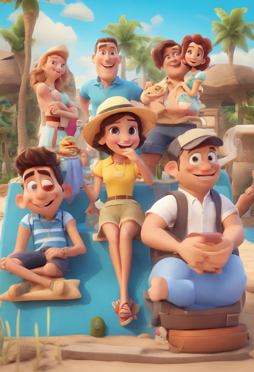 Cartoon of colleague friends having fun on vacation together, 3d animation film poster, animation film poster, Pixar 3D Animation Style, pixar renderman rendering, maya 8 mil, animated film, Disney Pixar 3D Style, happy friends hang out together, everyone wearing light blue shirt and cream brown long pants, light blue shirt, cream brown pants, outdoor, vacation, disney pixar animation poster