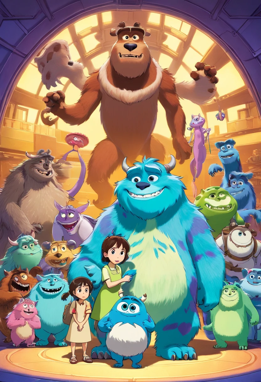 monsters, inc, and other characters are standing in a circle, monsters inc pixar, monsters inc, still from a 2001 pixar movie, pixar cartoon, pixar movie still, disney pixar movie still, frame from pixar movie, still from the pixar movie, still from pixar movie, pixar character design, pixar movie scene, pixar coronavirus movie