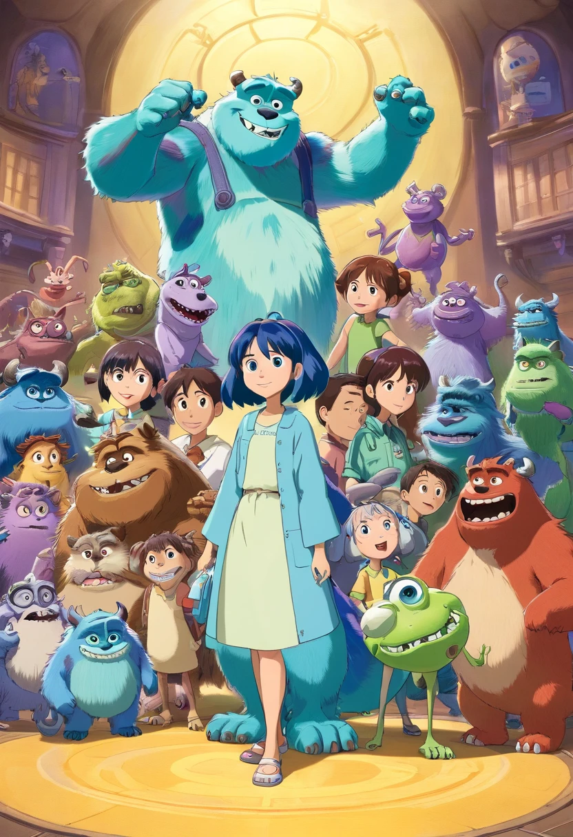 monsters, inc, and other characters are standing in a circle, monsters inc pixar, monsters inc, still from a 2001 pixar movie, pixar cartoon, pixar movie still, disney pixar movie still, frame from pixar movie, still from the pixar movie, still from pixar movie, pixar character design, pixar movie scene, pixar coronavirus movie