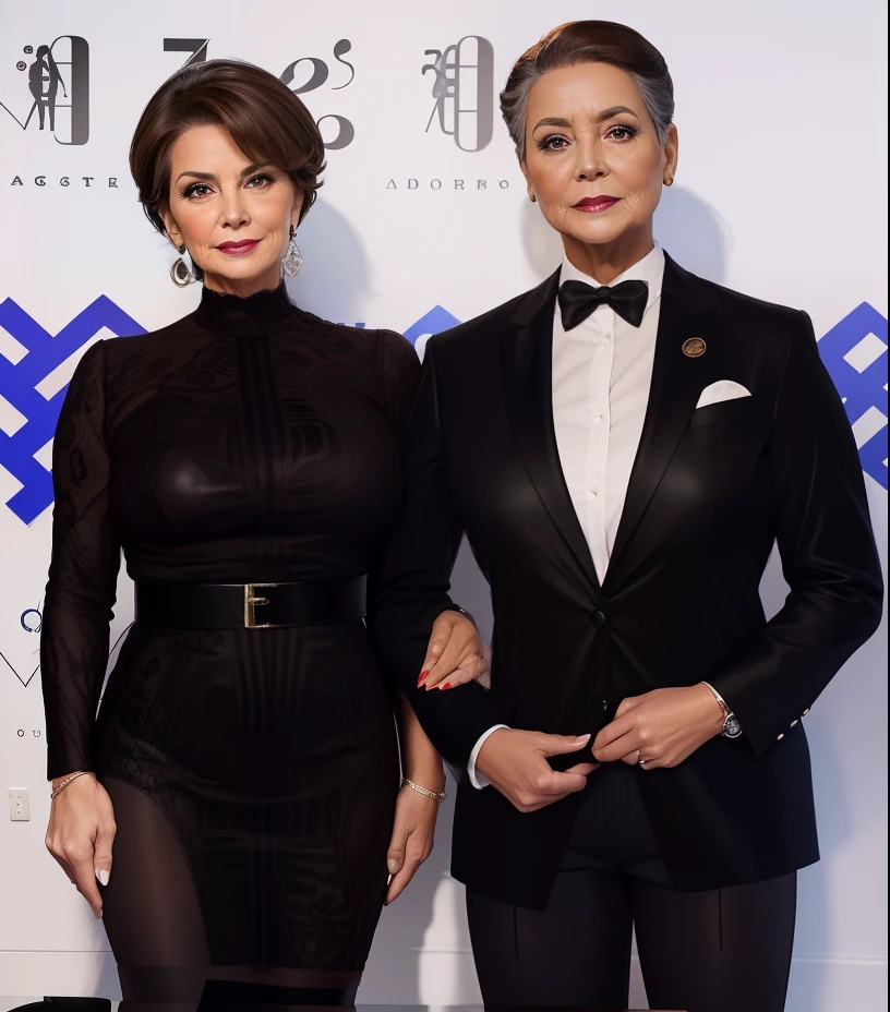 half-body close-up shot of 2girls. Barbara is a stern powerful 48-years-old middle-aged American millionaire. wearing designer clothing. Attended to by Tonya is her older loyal slavewoman. Different ethnicity. Different ages. Tonya Stands behind Barbara. zoomed out full body and shopping photo. Luxury department store