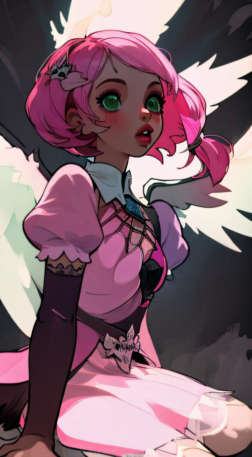 Alisa bosconovitch, melhor qualidade, contemporary, estilo plano, minimalismo, Green Eyes Flat Illustration, cabelo rosa, cabelo curto, cabelos multicoloridos, Camisa Preta, mechanical wings, Head Portrait Close-U, peito pontudo, decote, super decote, middlebreasts, Tekken,cabelo rosa pastel, 1girl, em quimono, hand-painted,Desenho de linha sem cor, colorida do yandere pastel, Tekken, Super cute pink hair girl with gothic makeup on the side, com roupa de empregada,figura esbelta,robusto,He sat on the floor,Vestido com roupas de empregada rosa e branco,cabelos muito curtos,com orelhas de gato,quadratic element,, kawaii cor-de-rosa na roupa da era de 1910, Alisa Bosconovich pink lips, no estilo da paleta de cores suave aurorapunk, an anime illustration of his face, gifs animados, hand drawn animation, charming sketches, suave e brilhante, romantismo nebuloso, Estilo Superflat, fundo branco - ar 1:1 - niji 5 - estilo expressivo --s 50 ,Pink kawaii girl in the era of 1920s clothesPink eagles, vestindo uma camisa branca brilhante, no estilo da paleta de cores suave aurorapunk, an anime illustration of his face, gifs animados, hand drawn animation, charming sketches, suave e brilhante, romantismo nebuloso, Estilo Superflat, fundo branco - ar 1:1 - niji 5 - estilo expressivo --s 50, Absurdo, Alto, ultra detalhados, (1girl:1.3), quebrar , Crie uma imagem com uma bela caligrafia