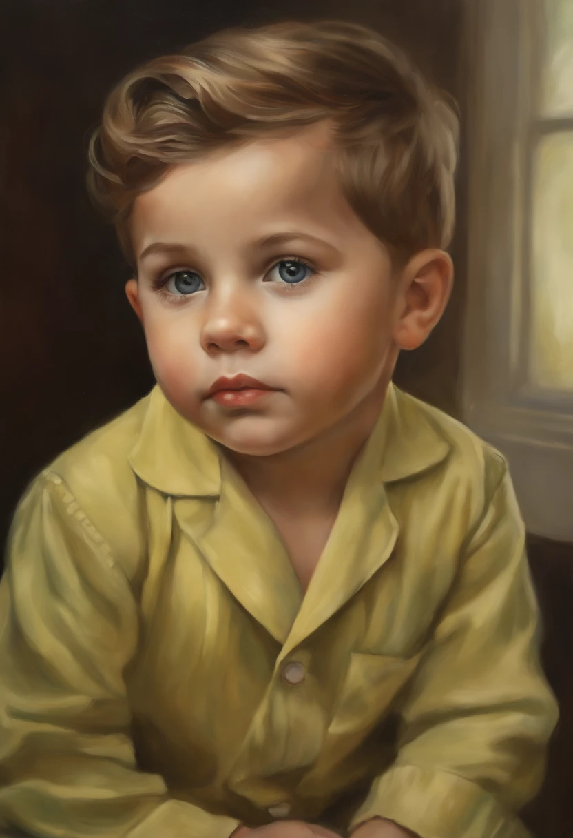 Retrato de um menino bonito, 5-6 anos, cabelos grisalhos acinzentados, corte de cabelo curto, grandes olhos verde-escuros, chubby bow lips, light yellow jumpsuit, realismo, Aquarela, 4k, High detail