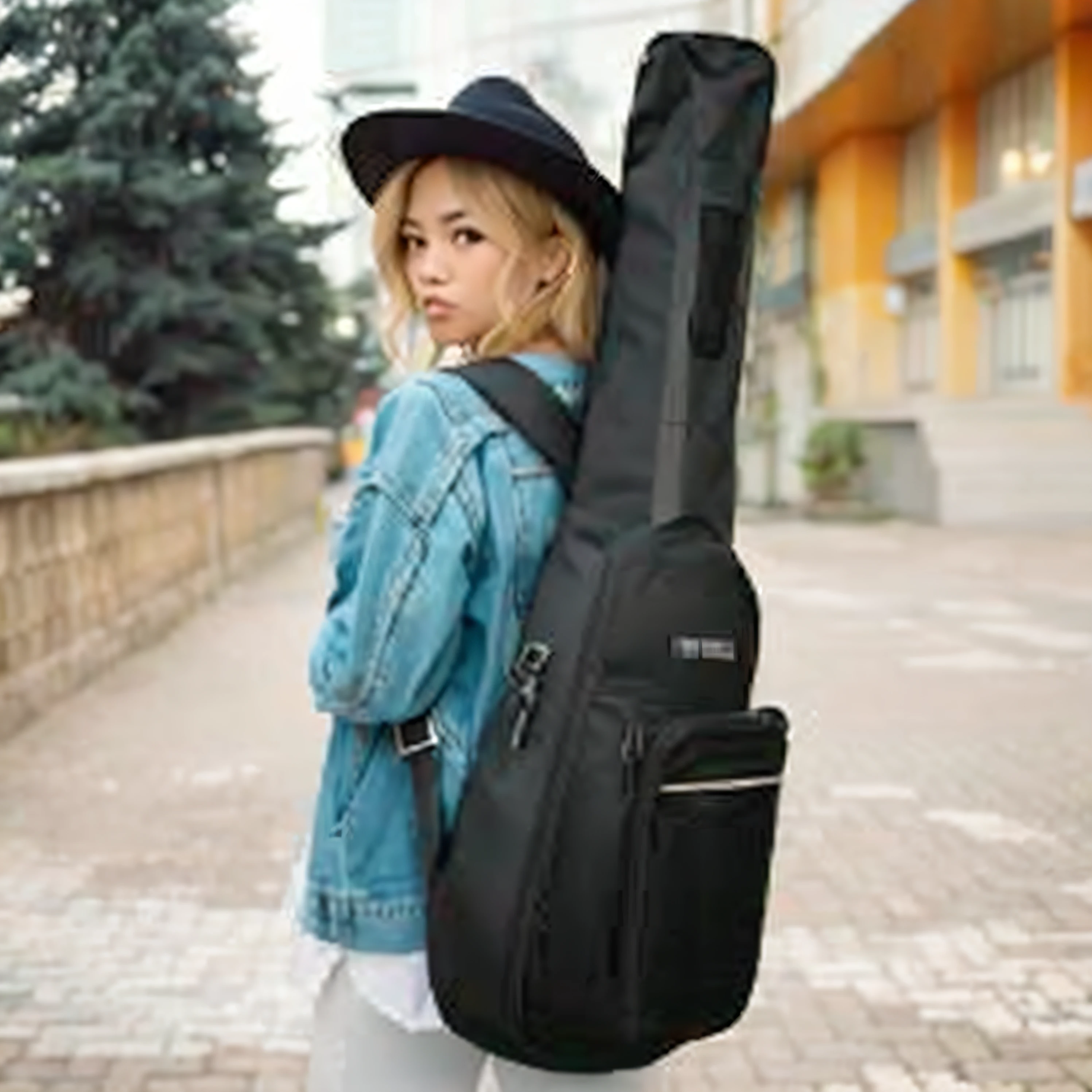 Thai woman carrying a guitar case on her back while walking down a sidewalk, carrying a guitar, holding a guitar, carrying a saddle bag, holding guitars, holding electric guitars, holding a electric guitar, holding an electric guitar, musician, holding electric guitar, media photo, item, women playing guitar, acoustic guitar, guitar, l7m, well detailed, guitar bag, 8K, ray tracing, ray, lens 85mm f1:1.8, smart,