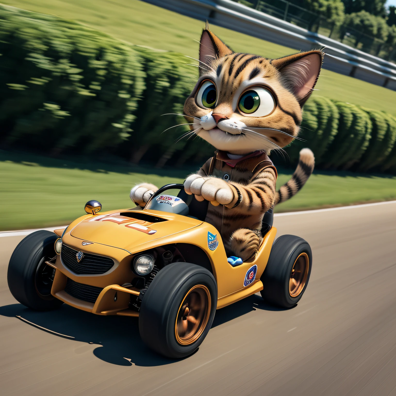 Pixar style, anthropomorphic, cat running around the circuit in a racing cart, looks fun, motion blur, (masterpiece), (best quality), (super high detail)