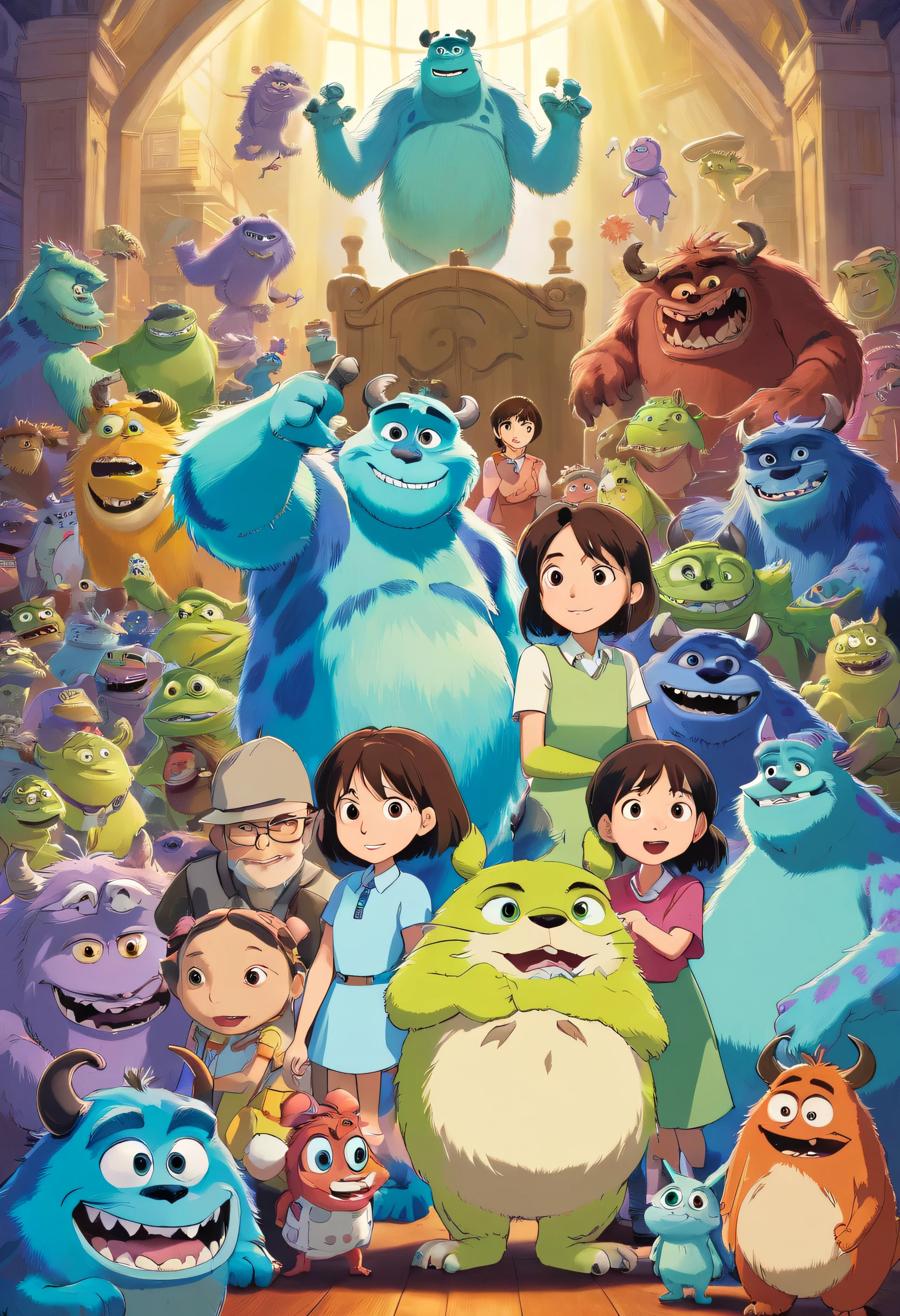 monsters, inc, and other characters are standing in a circle, monsters inc pixar, monsters inc, still from a 2001 pixar movie, pixar cartoon, pixar movie still, disney pixar movie still, frame from pixar movie, still from the pixar movie, still from pixar movie, pixar character design, pixar movie scene, pixar coronavirus movie