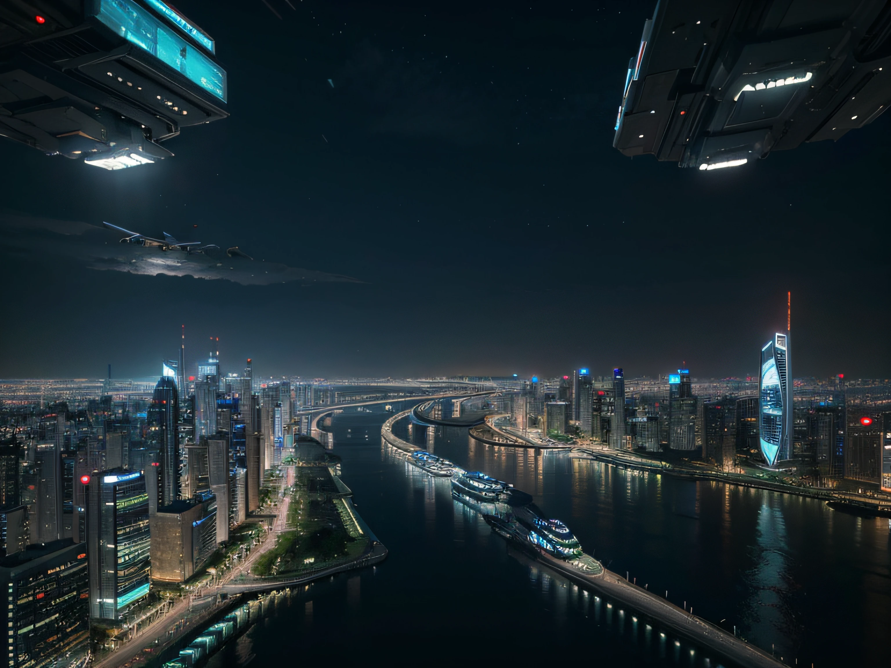 Da Nang, Danang, Tourance, Vietnam, Han river, A masterpiece, of the best quality, (very detailed CG Unity 8k wallpaper), (best quality), (best shading), futuristic city with a flying bat over a river at night, beautiful city of the future, futuristic city, futuristic dystopian city, futuristic metropolis, hyper-futuristic city, otherwordly futuristic city, photo of futuristic cityscape, futuristic cyberpunk city, futuristic city scape, futuristic cityscape, human futuristic city, city of the future, in 2 0 5 5, futuristic city backdrop
