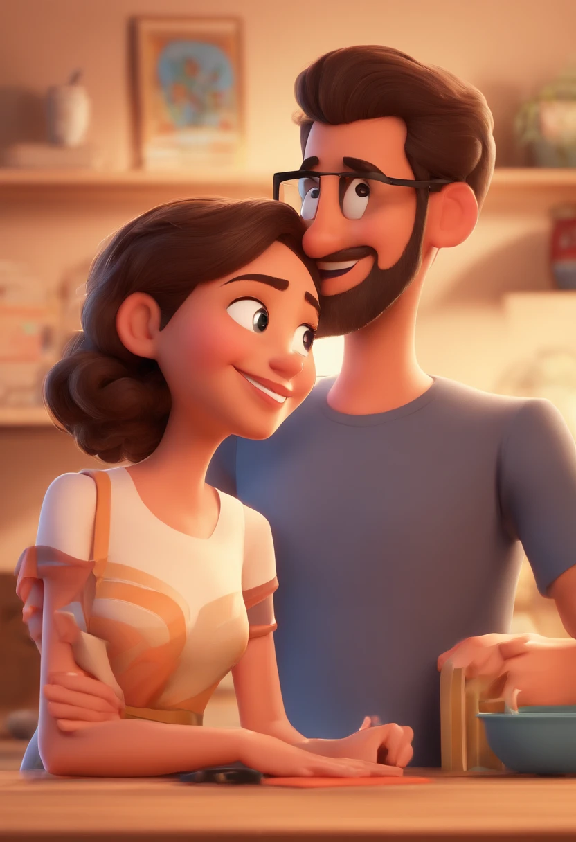 An illustration of an adorable couple, destacando um homem e uma mulher com bonito, Expressive eyes – the man's skin is black and the man's hair is bald and black, while the woman's skin is black and the woman's hair is curly and brown. They are a bright room, cada um com um sorriso no rosto, e compartilhar um momento especial caracterizado pelo amor, arroz, e insights educacionais. Illustrate this scene from a perspective where they are facing away from the camera, Showing Your Connection. Desenvolva esta arte em Full HD, Focus on your cinematic touch, Estilo Disney Pixar Animations
