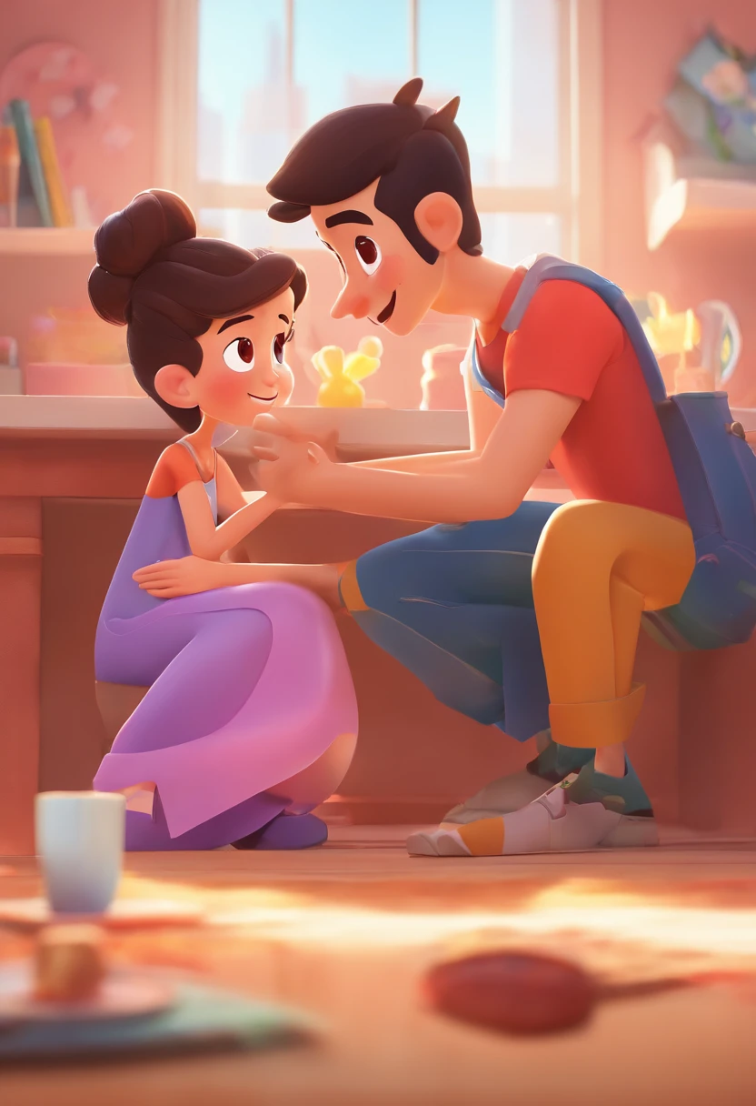 An illustration of an adorable couple, destacando um homem e uma mulher com bonito, Expressive eyes – the man's skin is black and the man's hair is bald and black, while the woman's skin is black and the woman's hair is curly and brown. They are a bright room, cada um com um sorriso no rosto, e compartilhar um momento especial caracterizado pelo amor, arroz, e insights educacionais. Illustrate this scene from a perspective where they are facing away from the camera, Showing Your Connection. Desenvolva esta arte em Full HD, Focus on your cinematic touch, Estilo Disney Pixar Animations