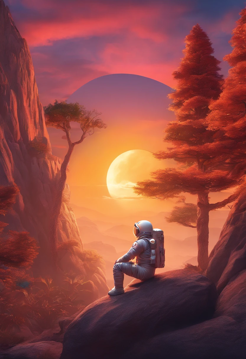 An astronaut sitting on a rock in a relaxed position, com um urso, in circle, com fundo preto e estilo de vetor de arte, in a vibrant and characteristic sunset, with detailed and sharp outline, como um logotipo de camiseta no estilo de arte