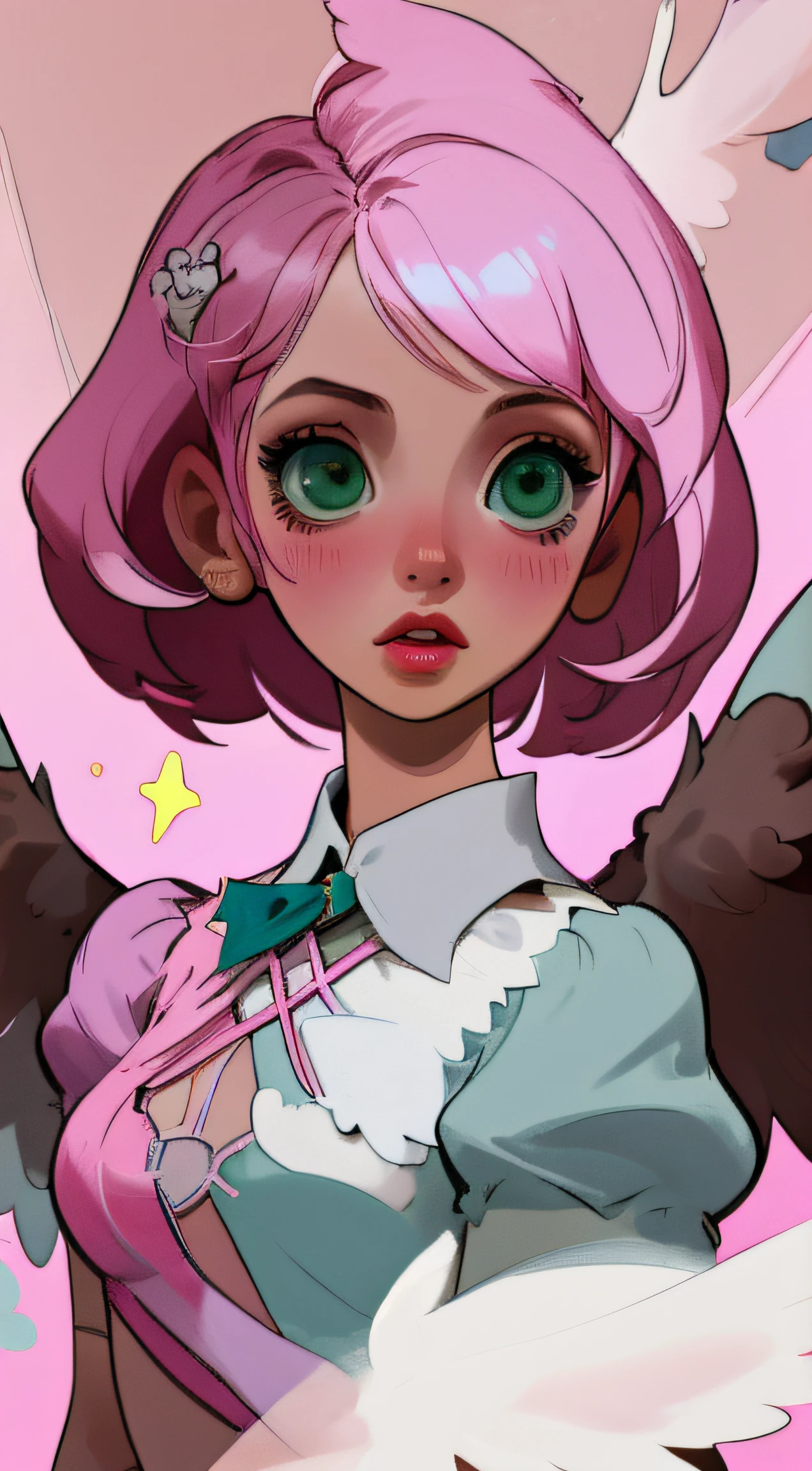 Alisa bosconovitch, melhor qualidade, contemporary, estilo plano, minimalismo, Green Eyes Flat Illustration, cabelo rosa, cabelo curto, cabelos multicoloridos, Camisa Preta, mechanical wings, Head Portrait Close-U, peito pontudo, decote, super decote, middlebreasts, Tekken,cabelo rosa pastel, 1girl, em quimono, hand-painted,Desenho de linha sem cor, colorida do yandere pastel, Tekken, Super cute pink hair girl with gothic makeup on the side, com roupa de empregada,figura esbelta,robusto,He sat on the floor,Vestido com roupas de empregada rosa e branco,cabelos muito curtos,com orelhas de gato,quadratic element,, kawaii cor-de-rosa na roupa da era de 1910, Alisa Bosconovich pink lips, no estilo da paleta de cores suave aurorapunk, an anime illustration of his face, gifs animados, hand drawn animation, charming sketches, suave e brilhante, romantismo nebuloso, Estilo Superflat, fundo branco - ar 1:1 - niji 5 - estilo expressivo --s 50 ,Pink kawaii girl in the era of 1920s clothesPink eagles, vestindo uma camisa branca brilhante, no estilo da paleta de cores suave aurorapunk, an anime illustration of his face, gifs animados, hand drawn animation, charming sketches, suave e brilhante, romantismo nebuloso, Estilo Superflat, fundo branco - ar 1:1 - niji 5 - estilo expressivo --s 50, Absurdo, Alto, ultra detalhados, (1girl:1.3), quebrar , Crie uma imagem com uma bela caligrafia