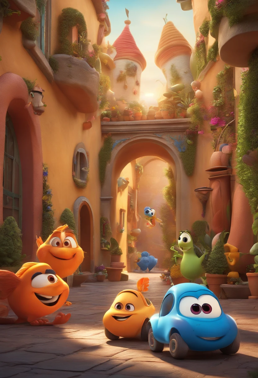 (best quality,photorealistic,highres:1.2),3D rendering,(colorful,vibrant:bright and lively colors),(smooth,cartoon-like,stylized:bubbly and exaggerated shapes),characters from Pixar movies,toy-like appearance,fun and whimsical scene,jovial atmosphere,intricate details,innovative lighting construct,playful expressions,motion blur,happy and imaginative environment,meticulous attention to textures.