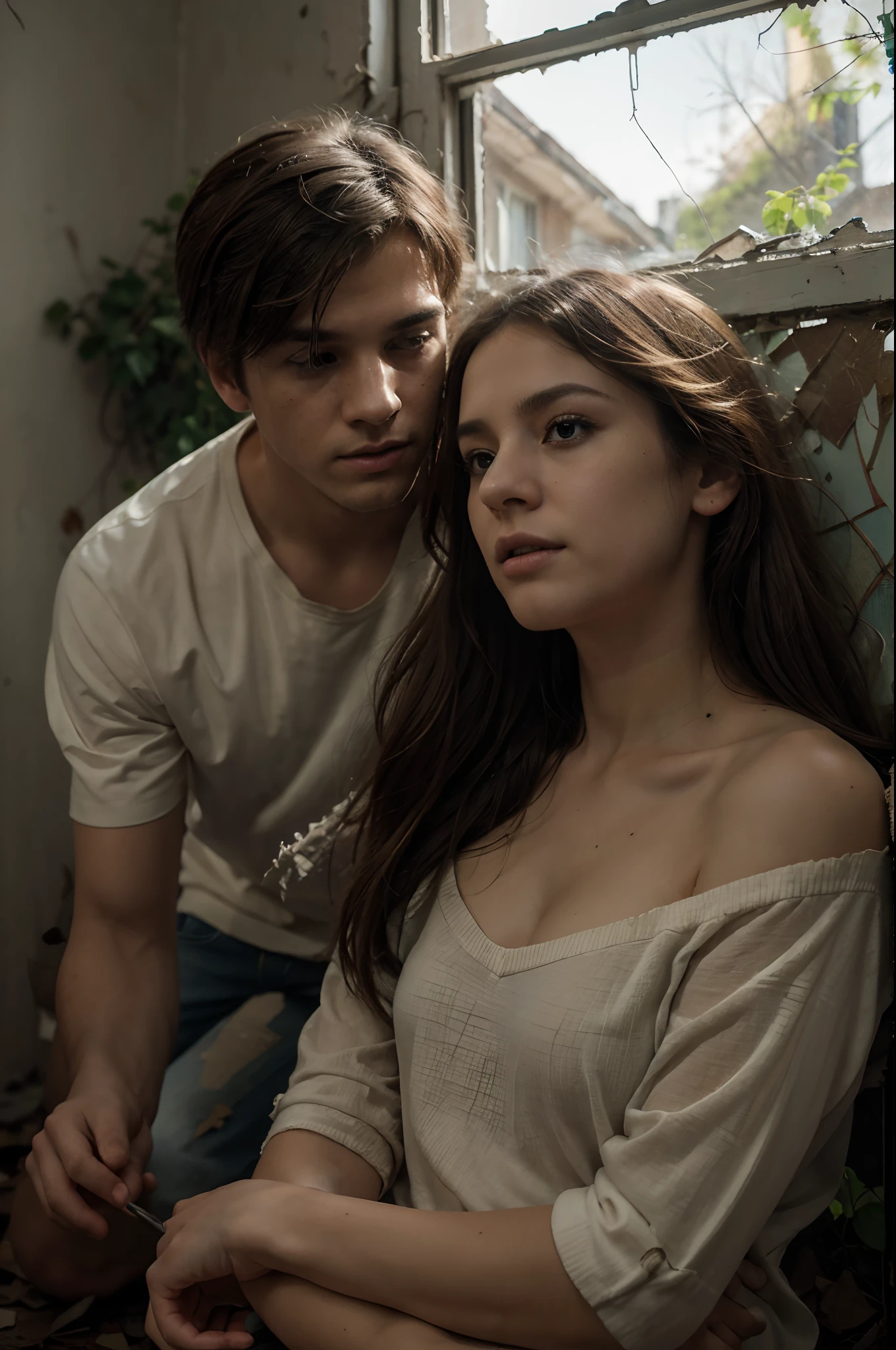 (Best Quality,4k,8K,hight resolution,Masterpiece:1.2),Ultra-detailed,(Realistic,Photorealistic,photo-realistic:1.37),PORTRAIT STYLE,nighttime scene,Dark colors,soft-lighting,Emotional atmosphere,beautiful detail eyes,beautiful detailed lips,2 boy,Ghostly Appearance,Obsessive expressions,dramatic angles,Old abandoned house,moon light, penetrating through broken windows,Creeping vines and foliage,cracked walls and peeling wallpaper,Torn Love Letters, scattered on the floor,Faded Photos of the Past,feelings of melancholy and melancholy,Intricate patterns on boys' clothes,The wind gently blows their hair,Symbolic elements, representing their past lives,subtle hints of past traumas,A Deep Emotional Bond Between Boys,Implied Forbidden Love,An open-ended narrative,ambiguous and suggestive.