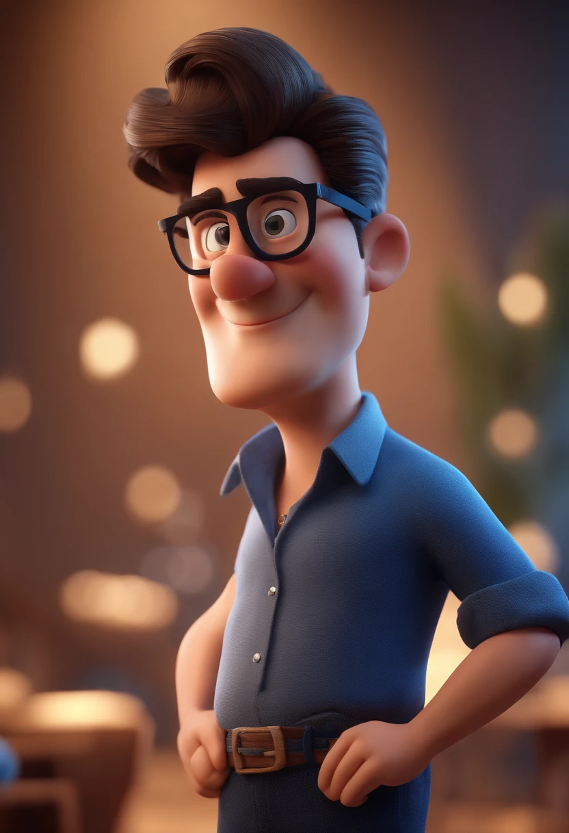 Cartoon character of a man with black glasses and a blue shirt, animation character, Caractere estilizado, animation style rendering, 3D estilizado, Arnold Maya render, 3 d render stylized, toon render keyshot, Personagem 3D, Personagem 3D, 3d rendering stylized, 3 d character render, personagem de desenho animado, Personagem de close up, Pose de personagem, (Estilo Pixar) (master part:1.2) (Bokeh) (best quality) (pele detalhada) (textura detalhada) (8k) (argila) (Cinematic lighting) (foco nítido