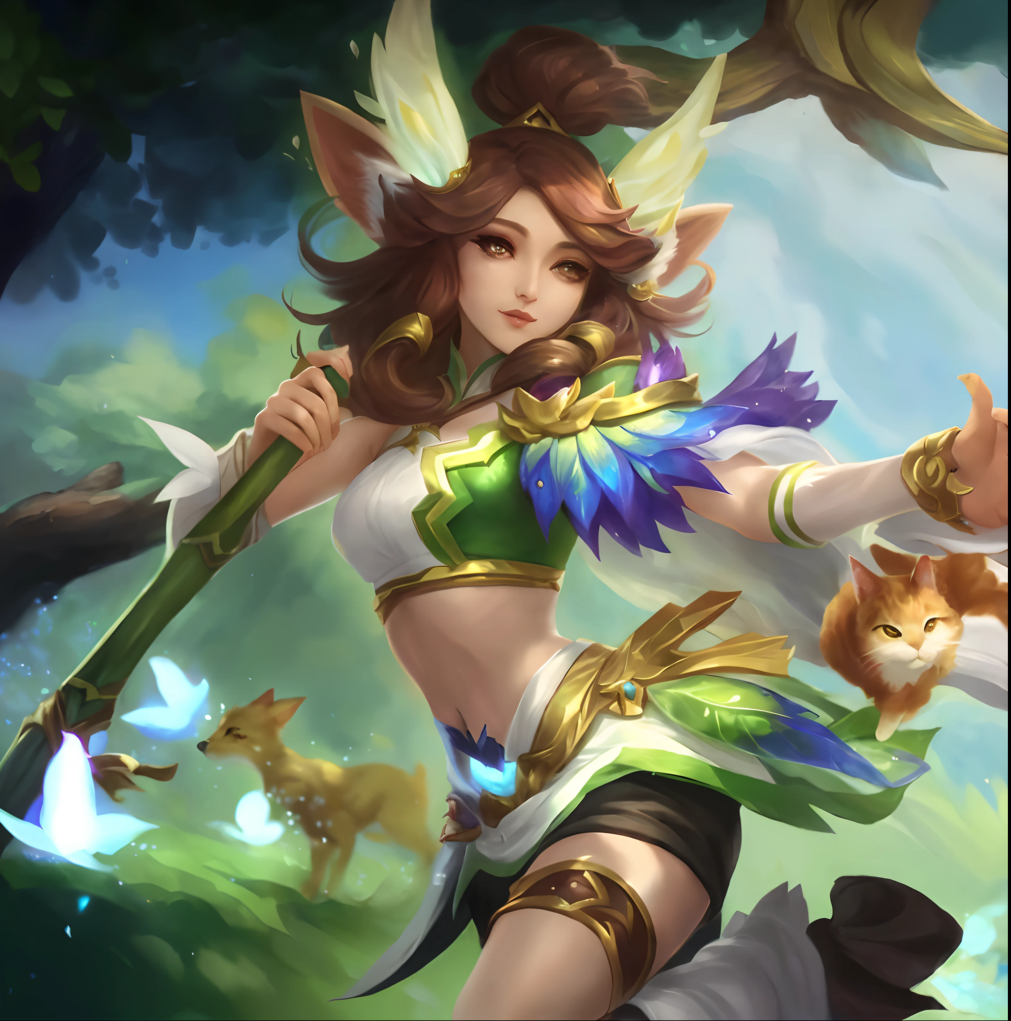 uma mulher com uma roupa verde segurando um pau e um gato, arte oficial splash, Zenra Taliyah, inspirado em Ju Lian, Taliyah Jovem, Exotic Fey Destaques, Ahri, inspirado em Pu Hua, inspirado em Lan Ying, inspirado em Leona Wood, mobile legends, fey queen of the summer forest, Personagem de League of Legends, arte splash, Fenda Selvagem