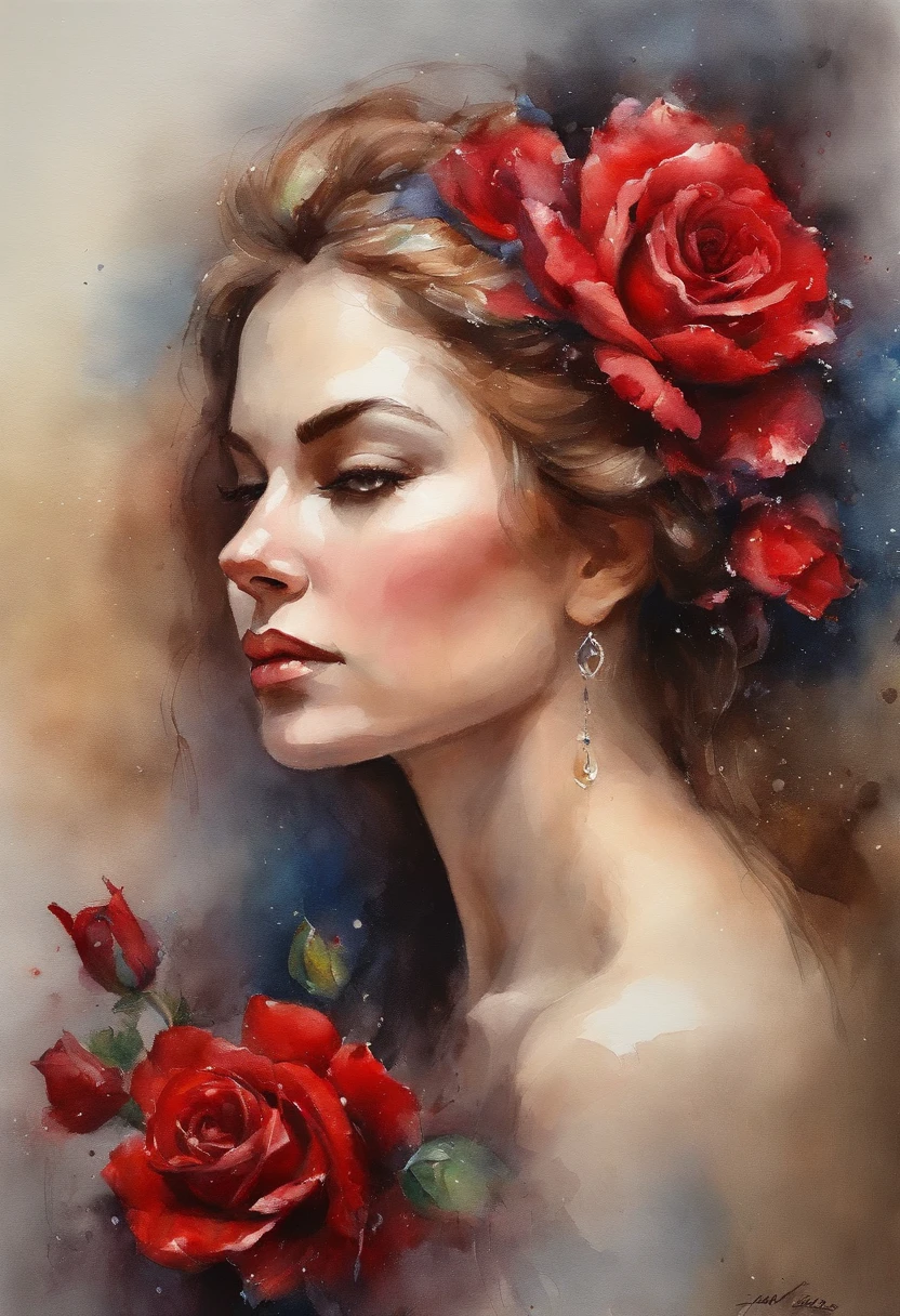 Impasto Oil Painting of a Woman, profile , Look at the front,doa、fold hand with、 She wears red roses in her hair around her ears, background cosmos,Red Galaxy、 a closeup, hyper - realistic oil painting. Masterpiece artwork.