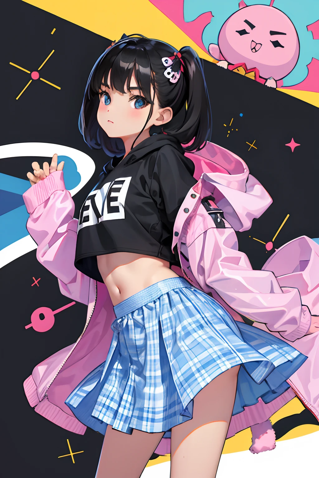 (Masterpiece)), Best quality, absurderes, Ultra detailed, holograph, Cowboy shot, Super cute girl, Mature girl, Super beautiful asian girl,Very beautiful violet glowing eyes, Beautiful glowing white multicolored hair, Nice sexy body, Slim body, Perfect body, Wear super-skinny anime-print boxers, Anime print super skinny shirt, Super beautiful pink jacket, Look at the glowing mirror, See a different version of her than the other universes