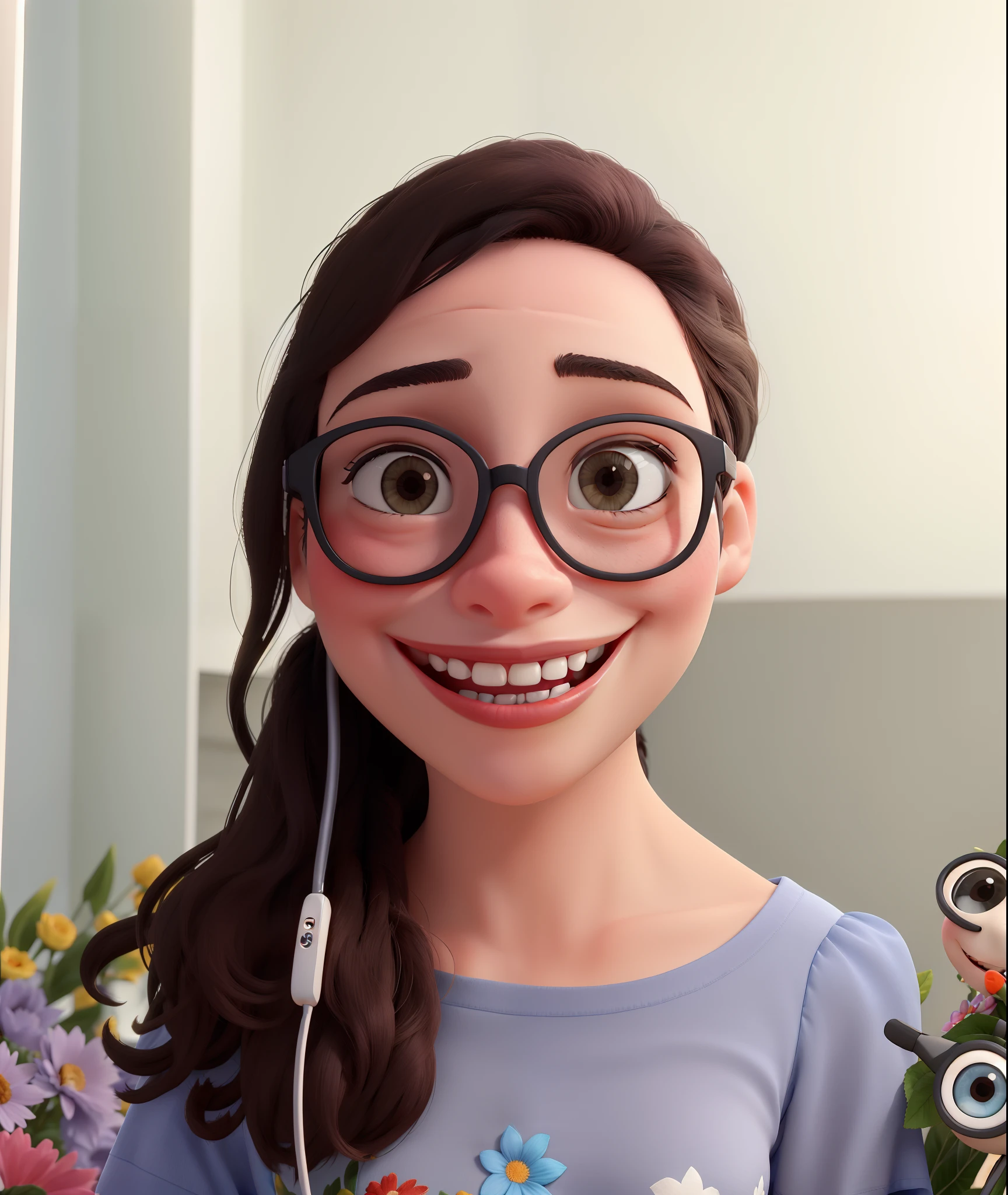  sorridente  com blusa de estampas de flores,  com fone de ouvido e oculos de grau